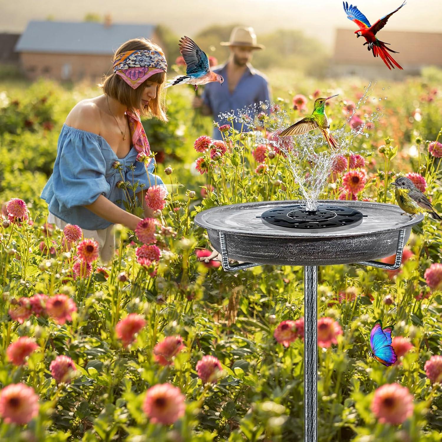 Freestanding Birdbaths Bowl Outdoor, Free Standing Garden Bird Bath Bird Feeder Bowl with Metal Stake, Detachable Decoration Spa Birdfeeder for Garden Patio Yard Lawn, 4 Spiky Feet (Brown)