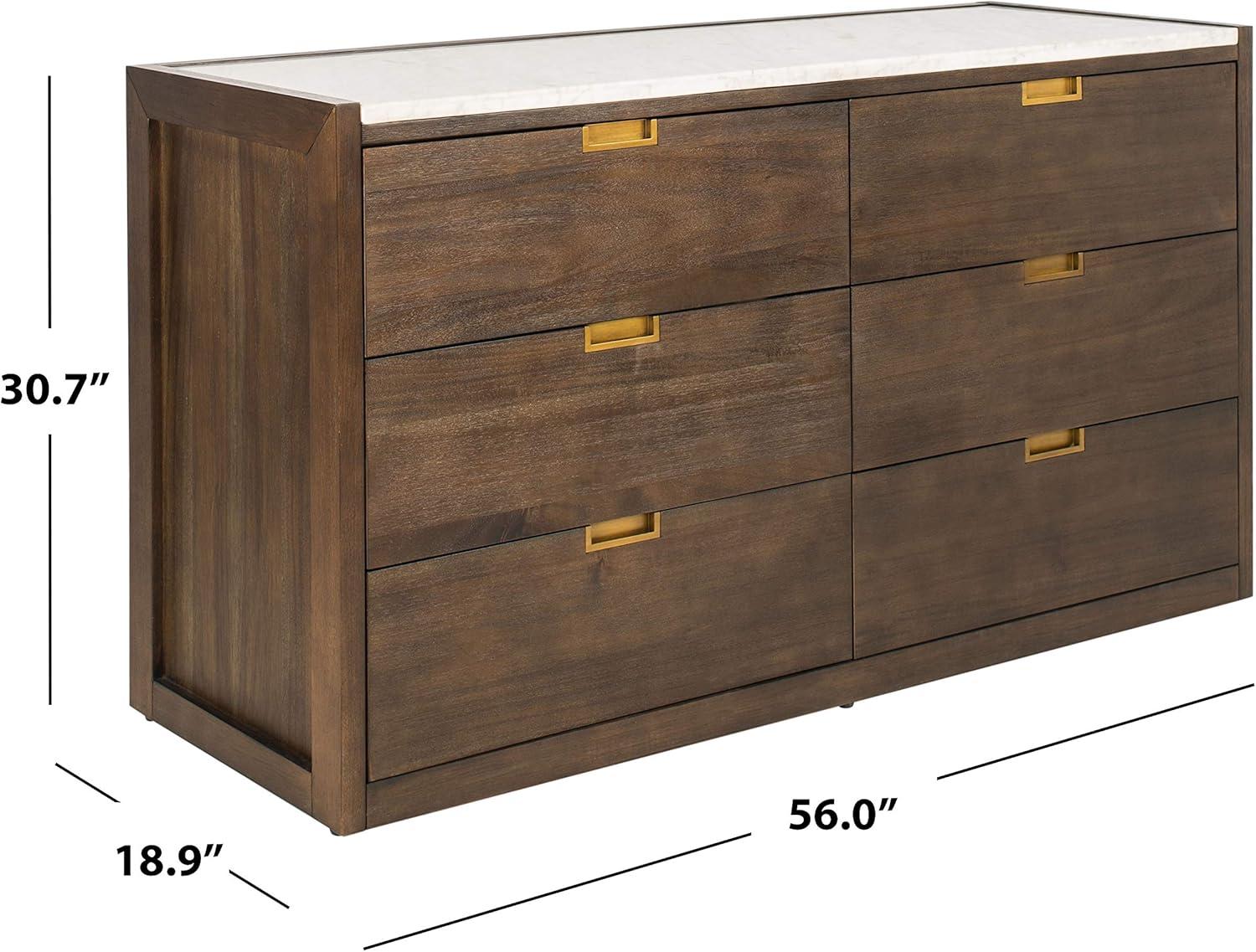 Adeline Dark Chocolate Solid Rubberwood 6-Drawer Dresser with White Marble Top