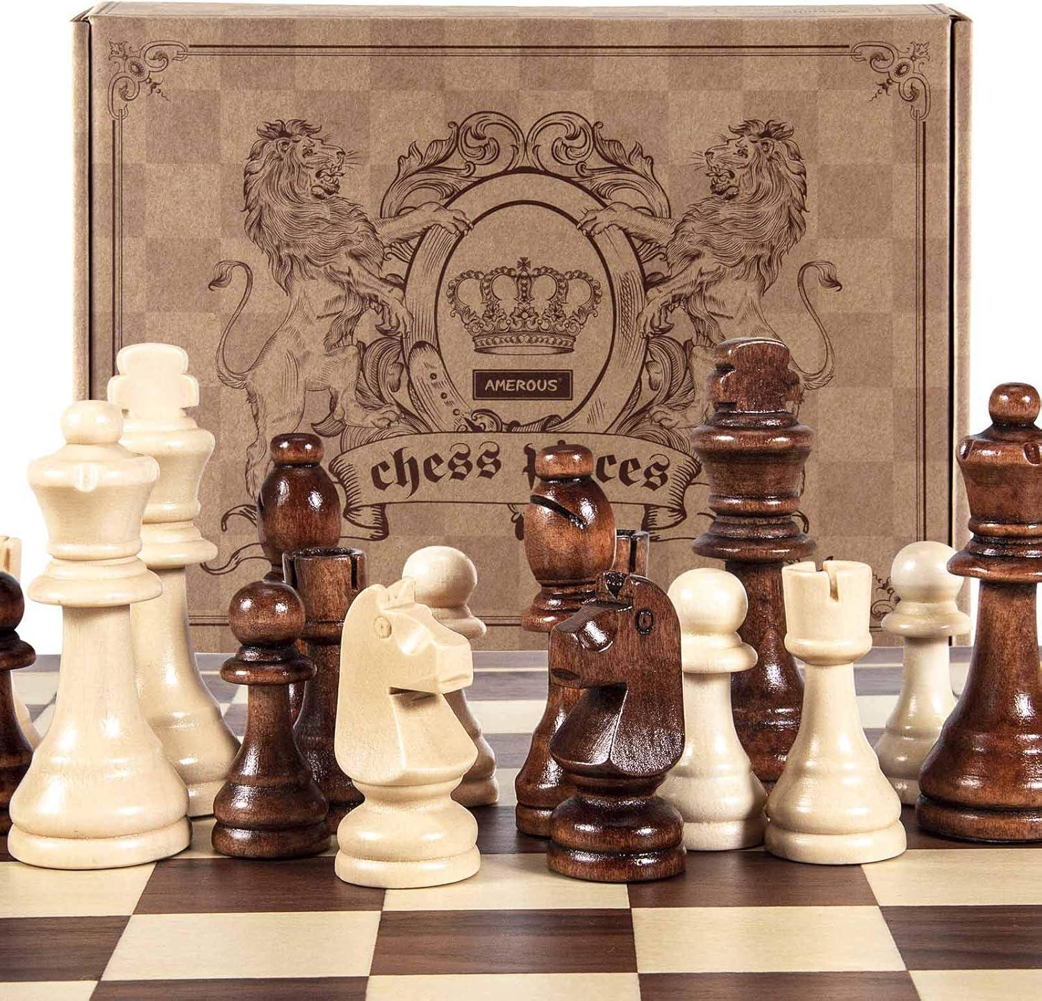 AMEROUS Wooden Chess Pieces Only, Tournament Staunton Wood Chessmen with 3.5 inches King, Chess Game Pawns for Chess Board Game, Replacement of Missing Pieces (2 Storage Bag Included)