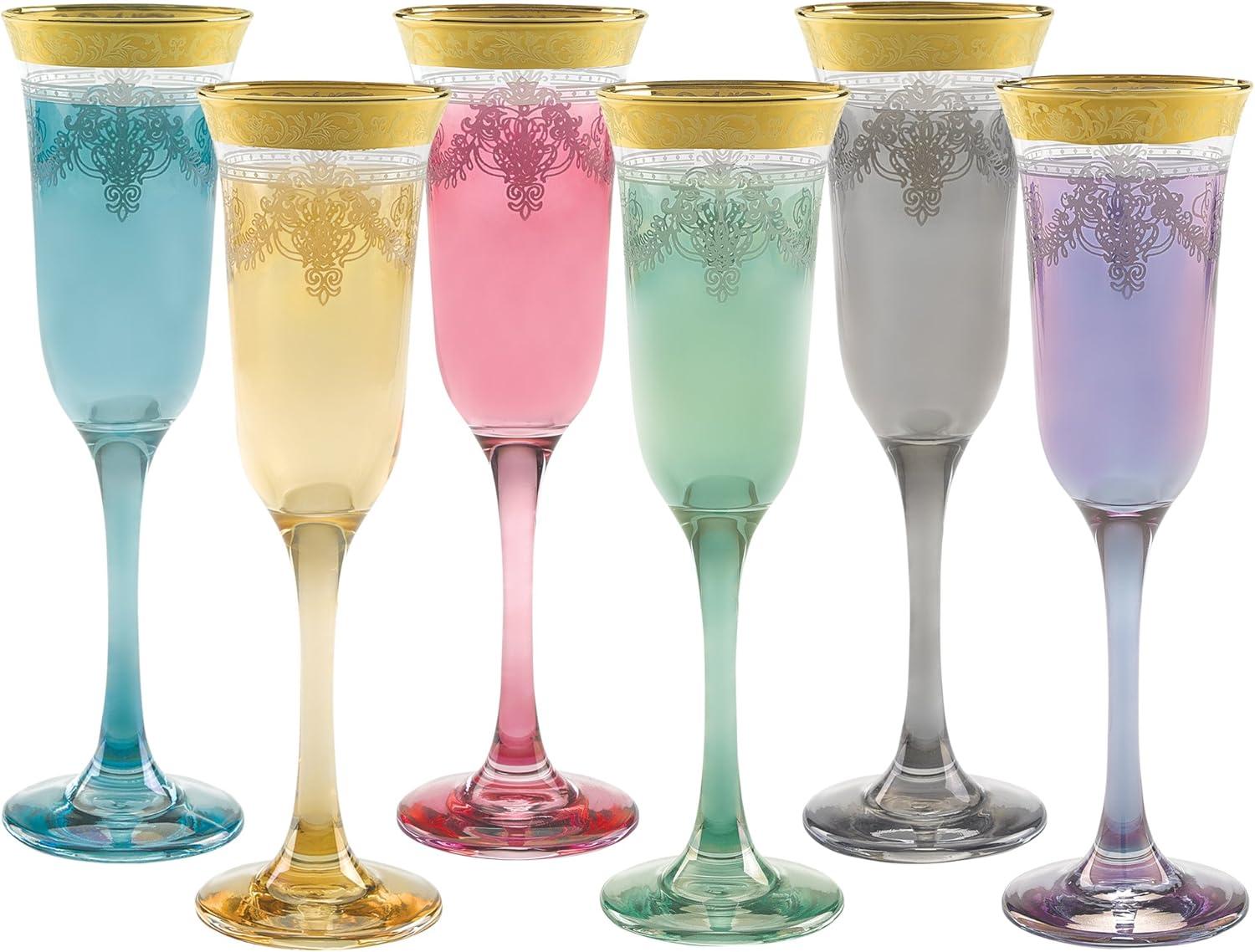 Multicolor Tinted Glass Champagne Flutes with Gold Band, Set of 6