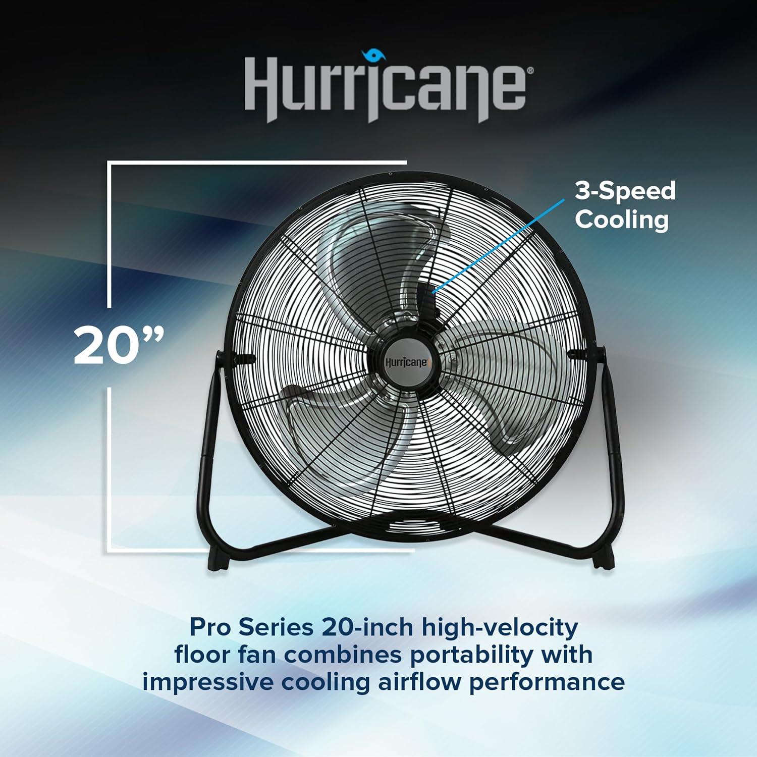 Hurricane Pro 20 Inch 3 Adjustable Speed High Velocity Metal Box Fan, Black