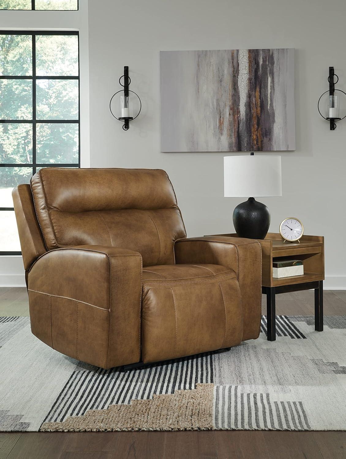 Ashley Furniture Game Plan Wide Seat Leather Power Recliner in Caramel