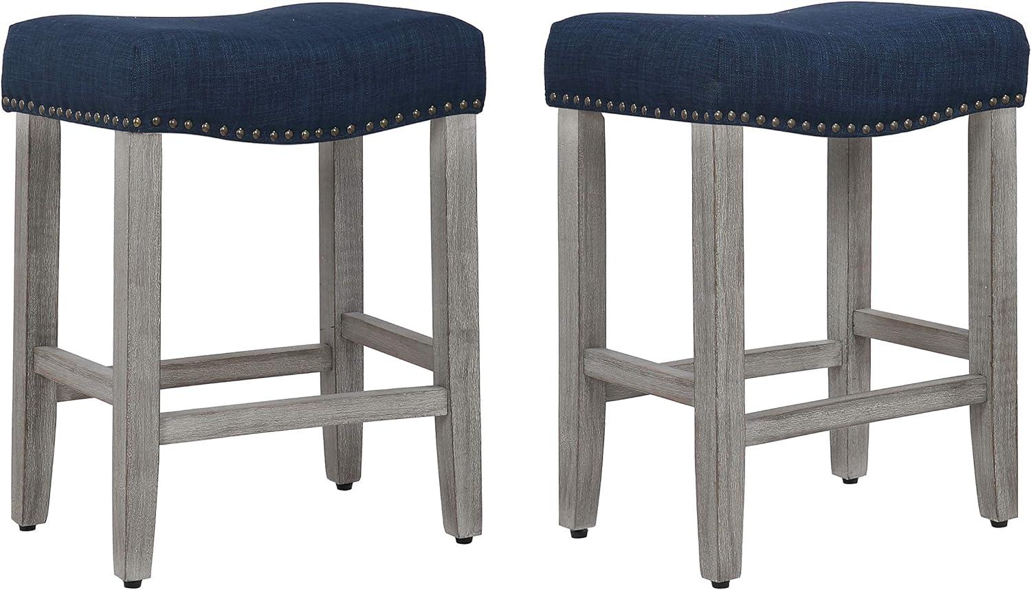 Antique Gray and Navy Blue Saddle Style Wood Bar Stool, 24"