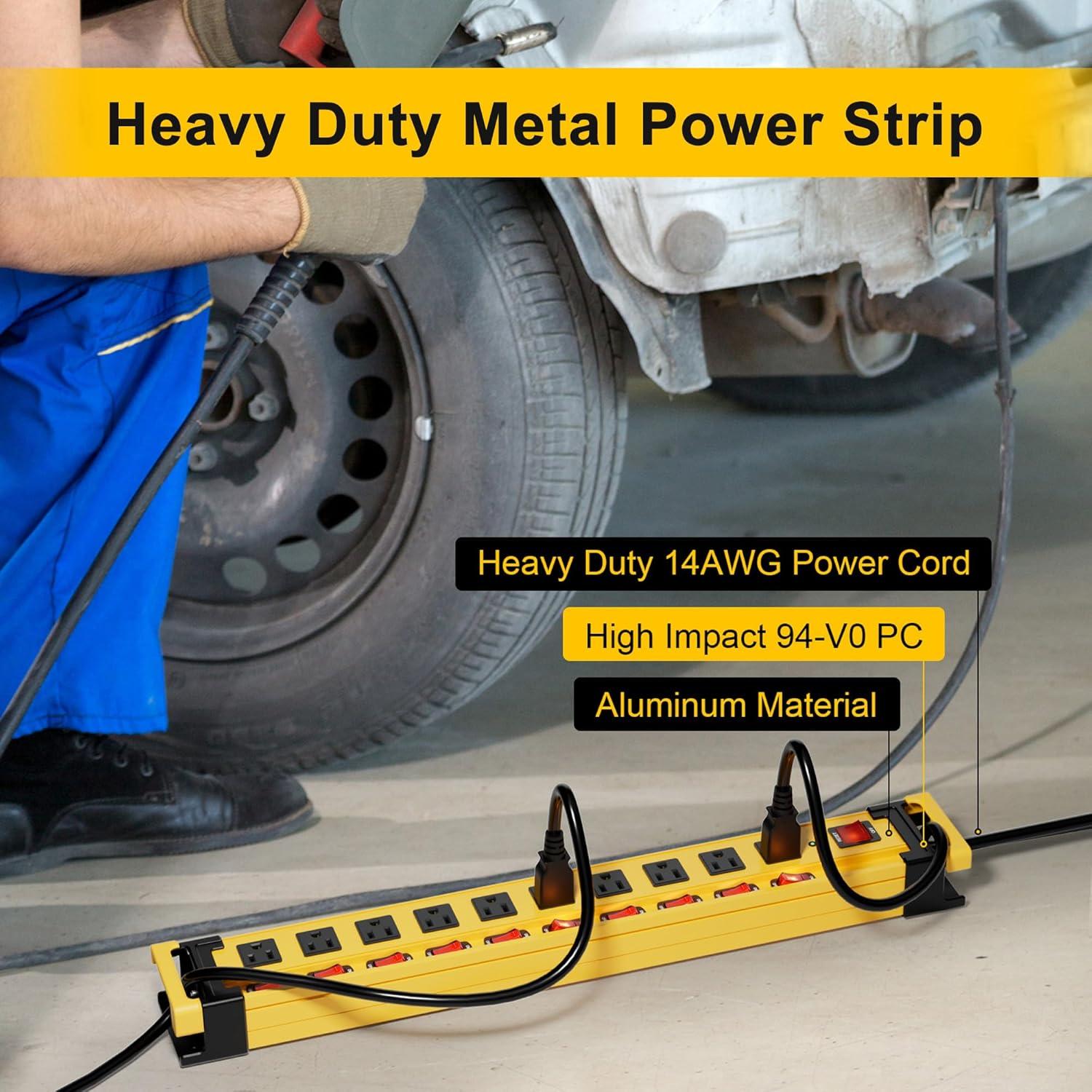 Power Strip 10 Outlet,3300J Surge Protector with Individual Switches,9FT Cord 14AWG/15AMP/1875W,Metal Heavy Duty Power Strip with Cord Manager,for Workshop,Garage,Shop,Home