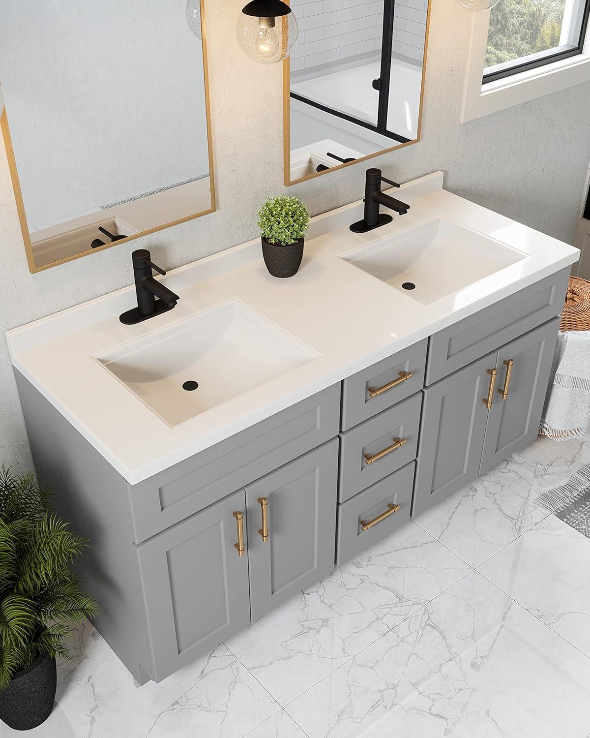 Design House 557678-WHT 61-inch Camilla Cultured Marble Centerset Mount Rectangle Double Bowl Vanity Top with Integrated Backsplash, Solid White