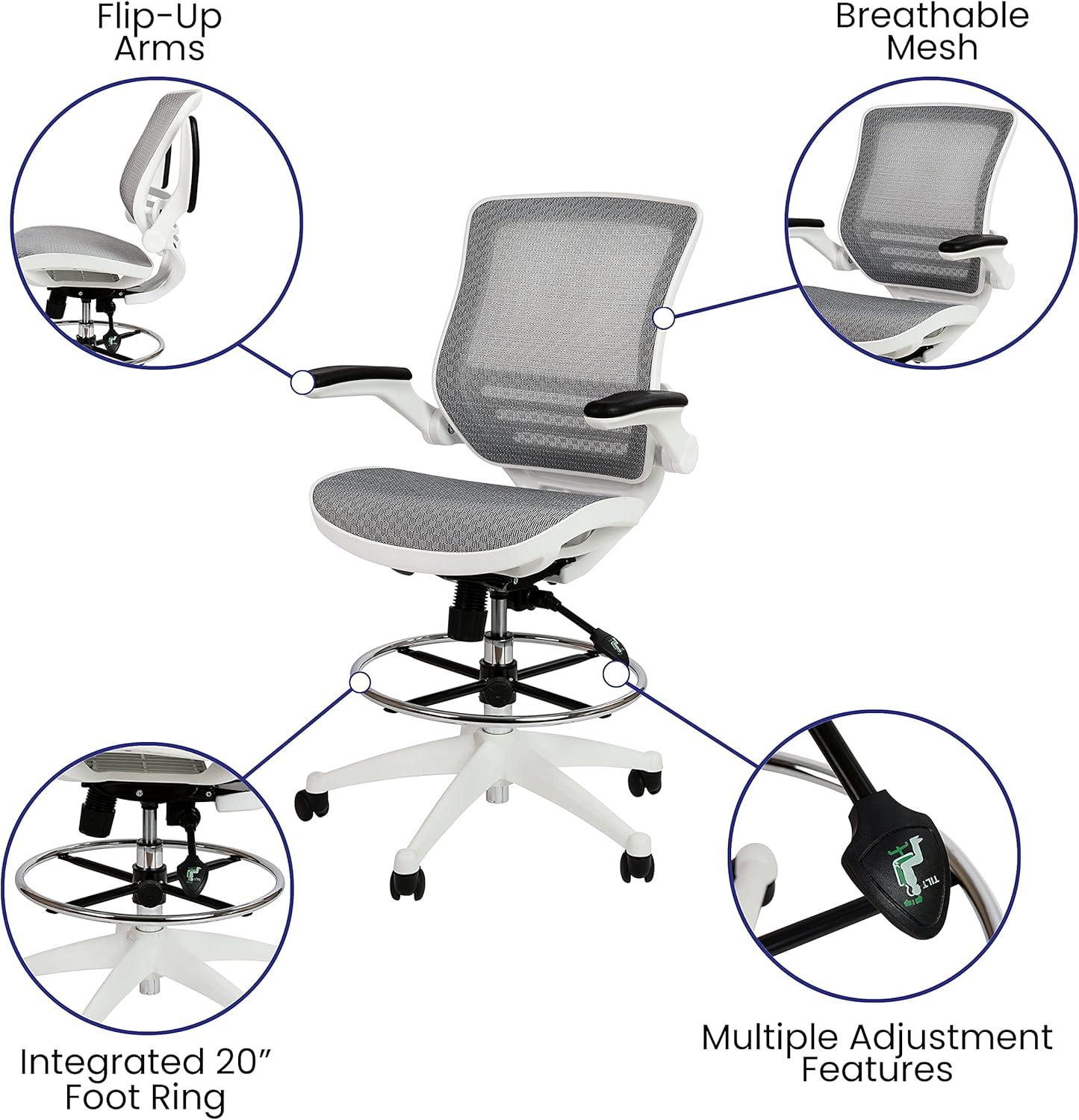 Emma and Oliver Mid-Back Transparent Mesh Drafting Chair with Flip-Up Arms