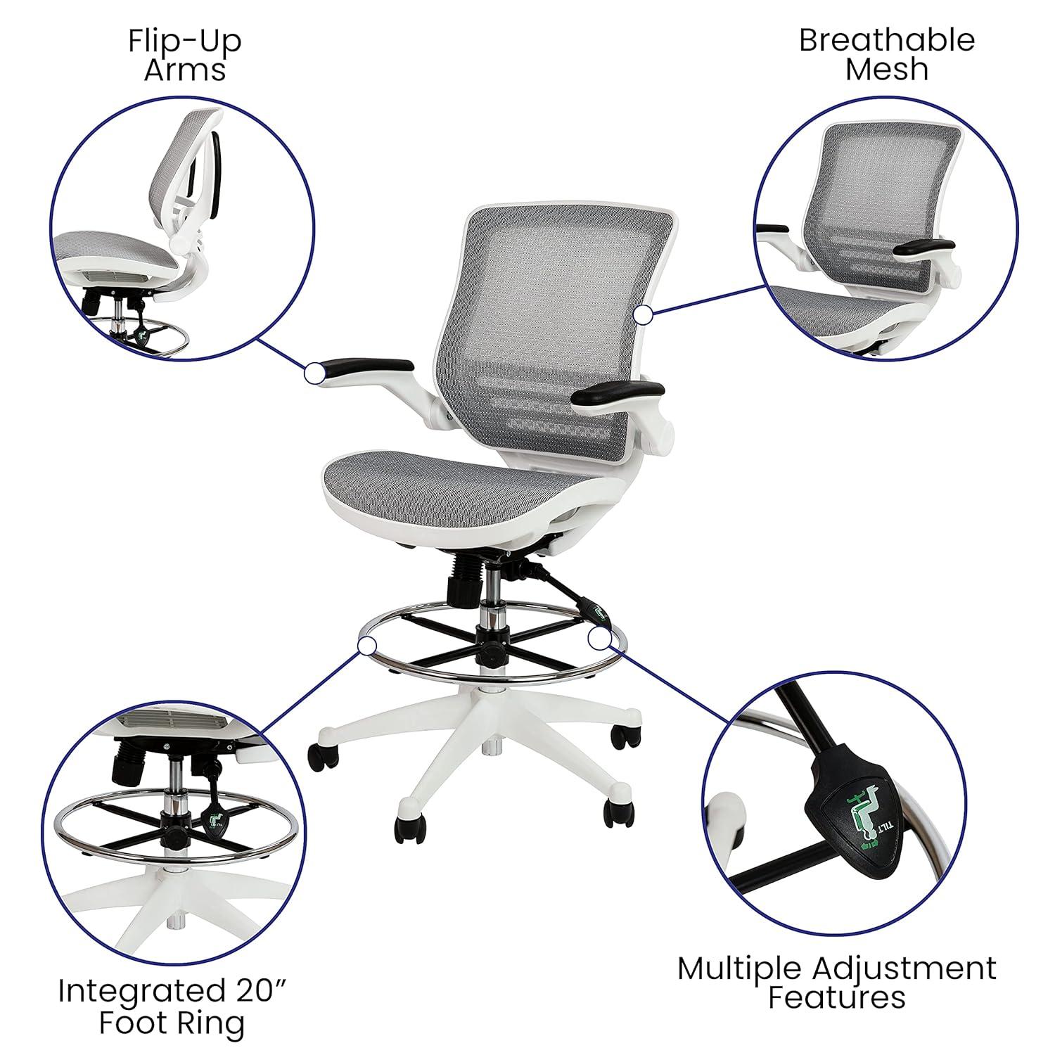Emma and Oliver Gray Mid-Back Mesh Drafting Chair with White Frame and Flip-Up Arms