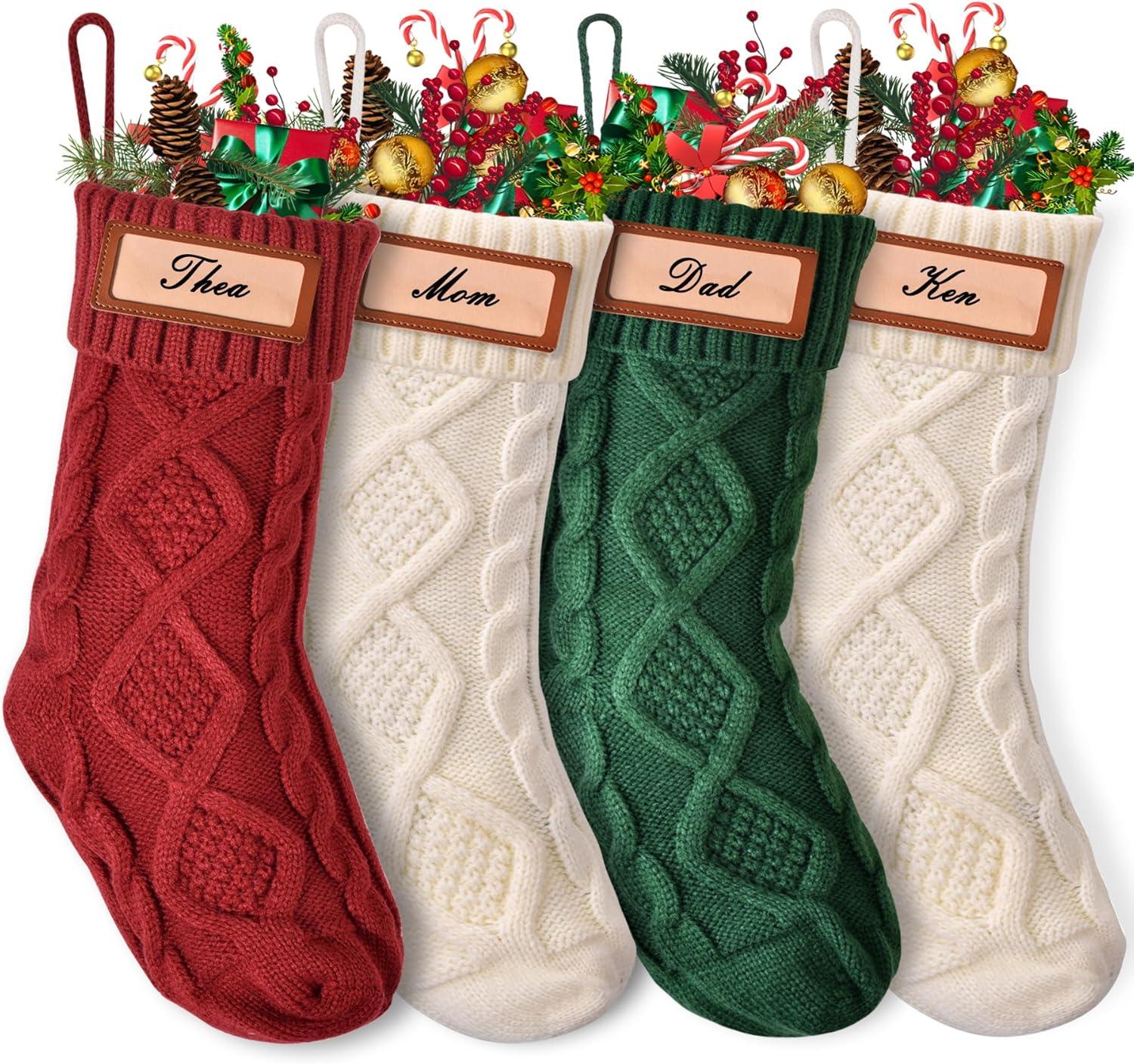 Large Red and Green Cable Knit Christmas Stockings, 4 Pack