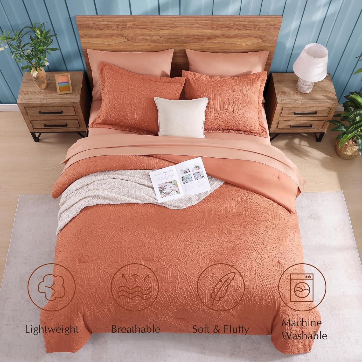 Geniospin Twin Comforter Set - 5 Pieces Burnt Orange Bedding Set, Botanical Textured Fall Comforter Set, All Season Lightweight Bed in a Bag with Comforter, Sheets, Pillowcases & Shams