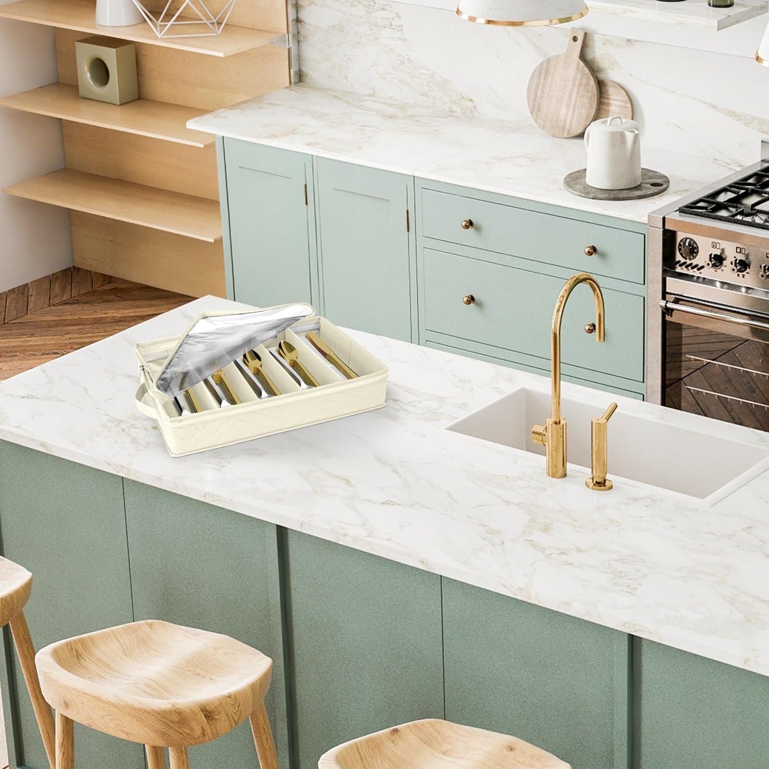 Sorbus Flatware & Utensil Storage - Gray Fabric Chest Box for Storage and Organizing Utensils, Silverware, Flatware, Cutlery - Silverware Organizer Container with Zipper Clear Lid & Adjustable Divider