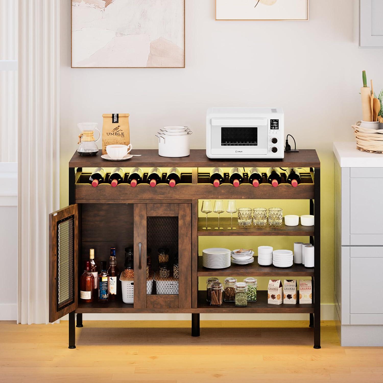 Industrial Brown and Black 47" Wine Bar Cabinet with LED Lights