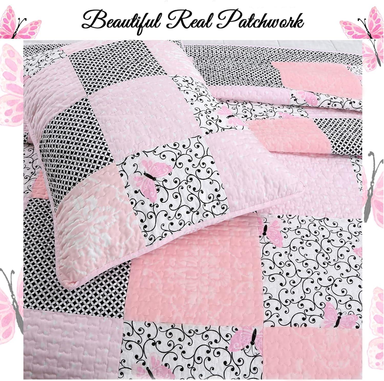 Cozy Line Home Fashions Emerson Pink Black Patchwork Butterfly Cotton Quilts, Queen, 3-Pieces