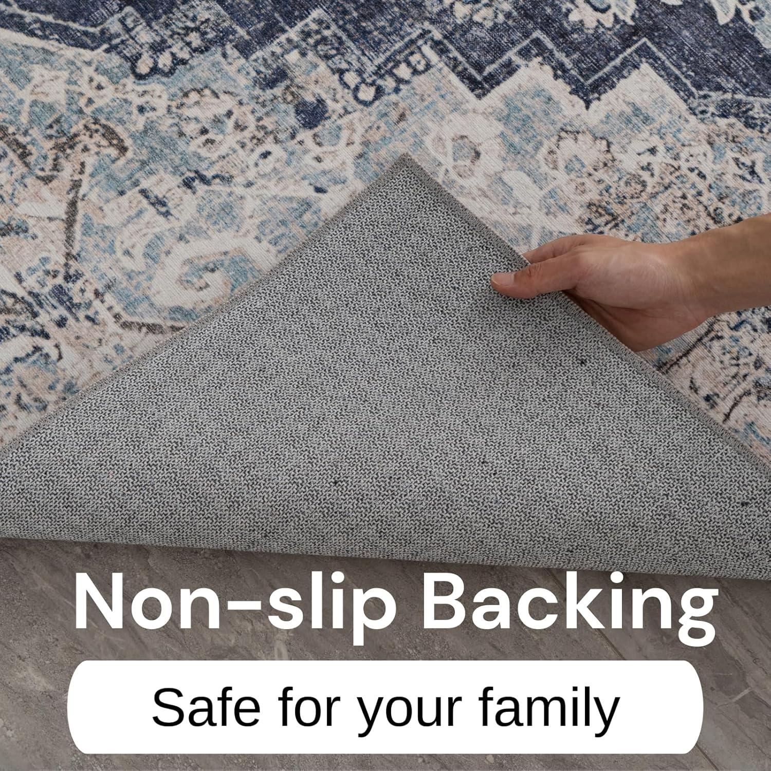 Washable Area Rug 5x7, Blue Rug for Living Room, Non Slip Low Pile Carpet for Bedroom, Dinning Room (Vintage Blue, 5'x7')