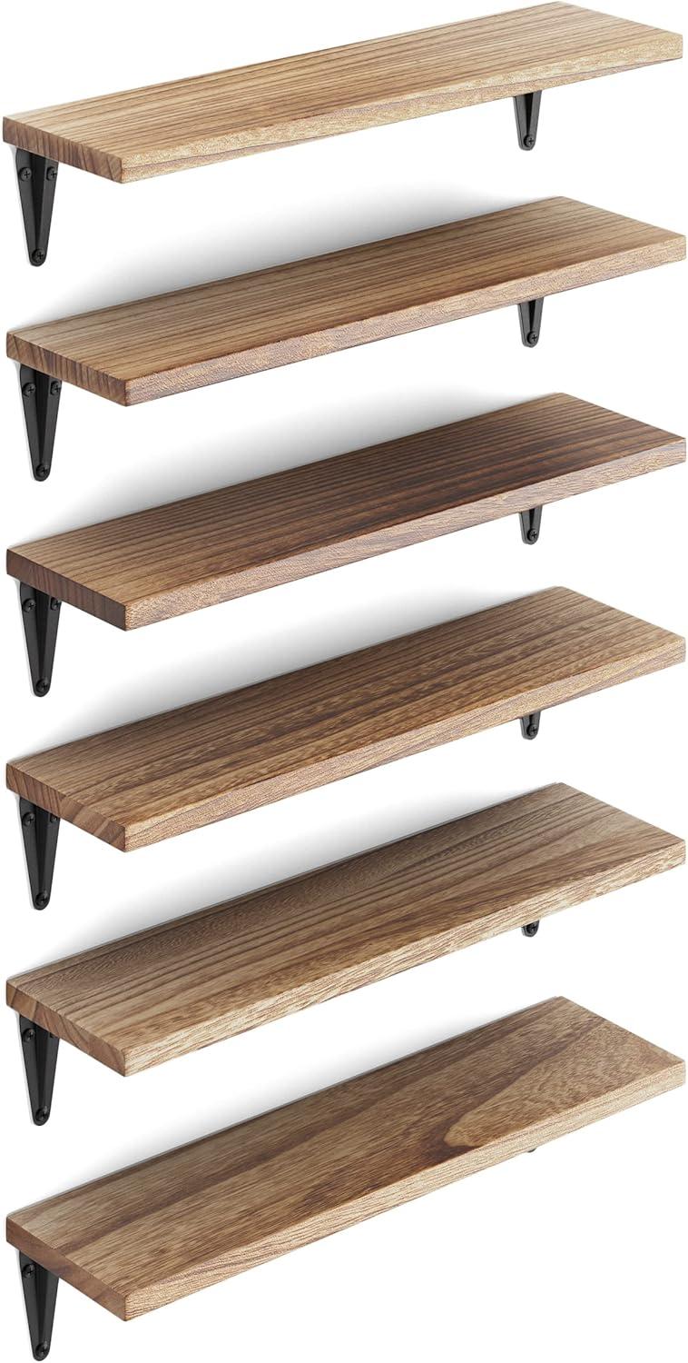 Set of 6 Burned Wood Floating Wall Shelves