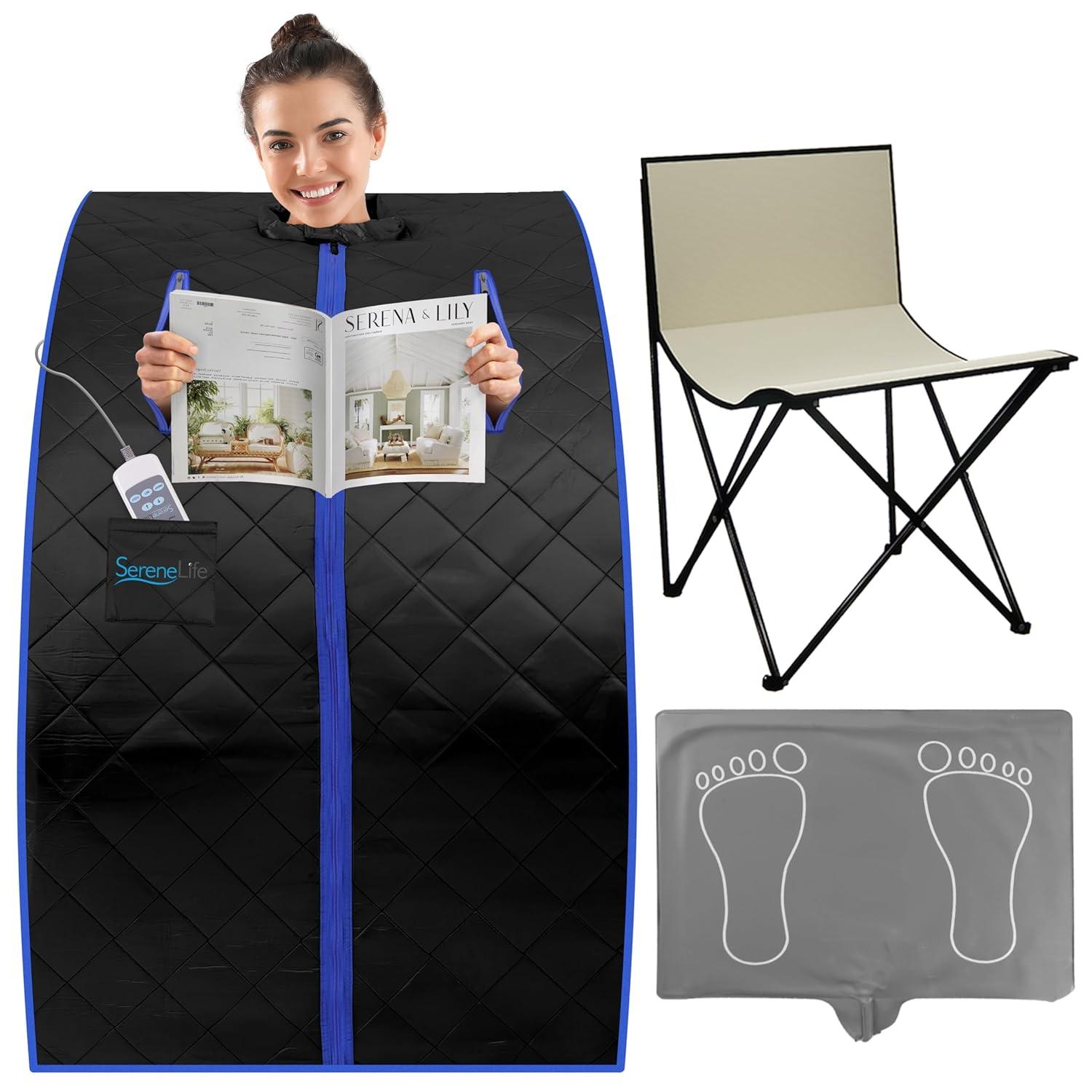 SereneLife SLISAU20BK Oversize Portable Infrared Home Spa One Person Sauna with Heating Foot Pad & Portable Chair