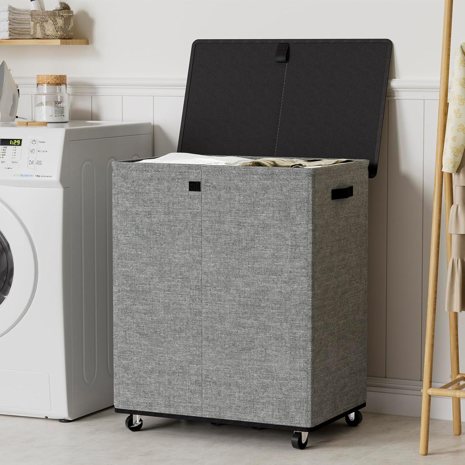 Gray Double Compartment Upright Hamper with Wheels and Lid