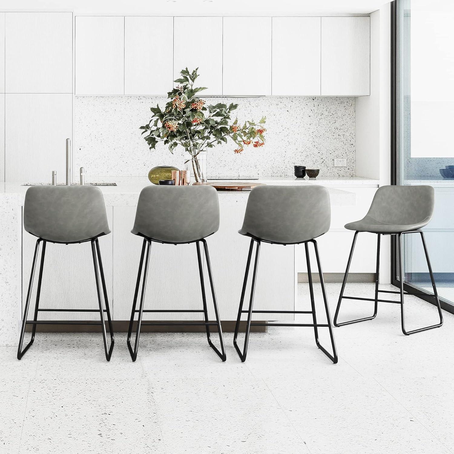 Gray Faux Leather 24'' Modern Bar Stools with Metal Legs, Set of 3