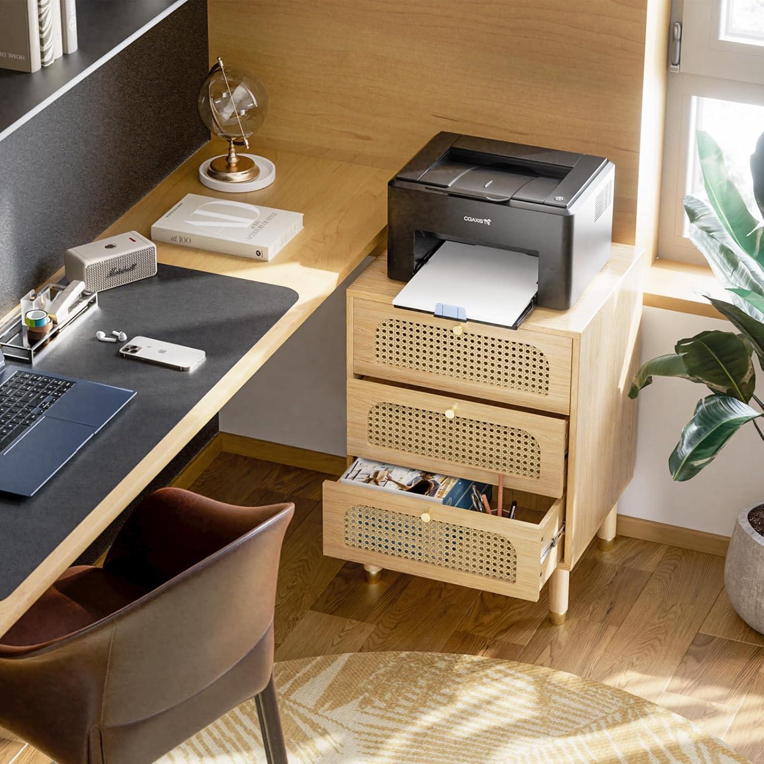 Rattan Nightstand with 3 Drawers Black