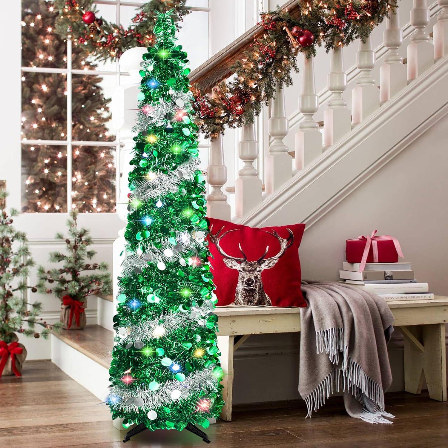 5 FT Silver Green LED Twinkling Christmas Tree with Sequin Tinsel