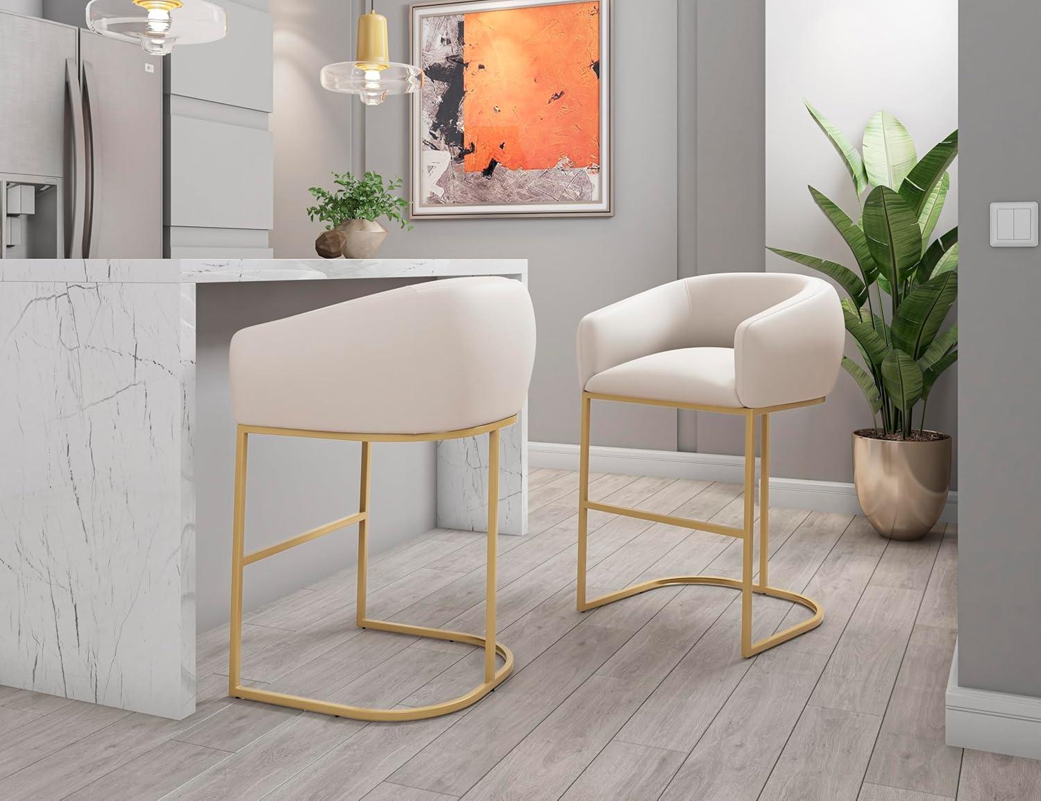 Set of 2 Louvre Upholstered Stainless Steel Barstools Cream: Gold Base, Faux Leather, No Assembly - Manhattan Comfort