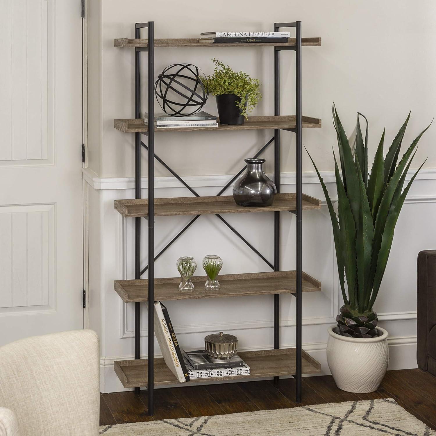 Walker Edison 5 Shelf Industrial Wood Metal Bookcase Tall Bookshelf Storage Home Office, 68 Inch, Driftwood