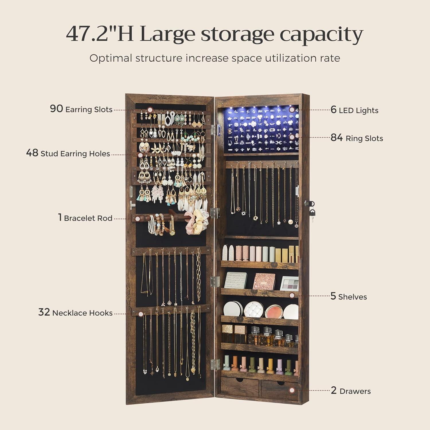 6 LEDs Mirror Jewelry Cabinet Lockable 47.2" H Wall/Door Mounted Jewelry Armoire Organizer Rustic Brown