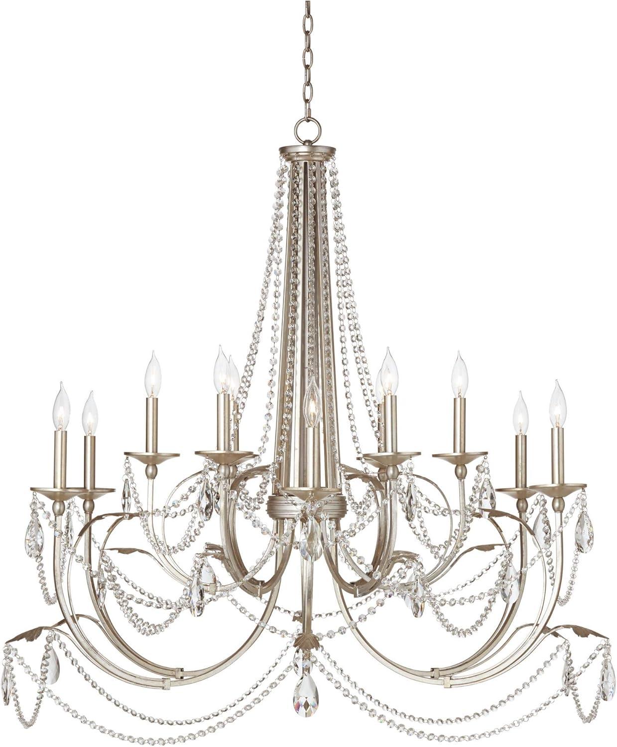 Regency Hill Strand Silver Leaf Chandelier 46" Wide French Beaded Crystal 12-Light Fixture for Dining Room House Foyer Kitchen Island Entryway Bedroom