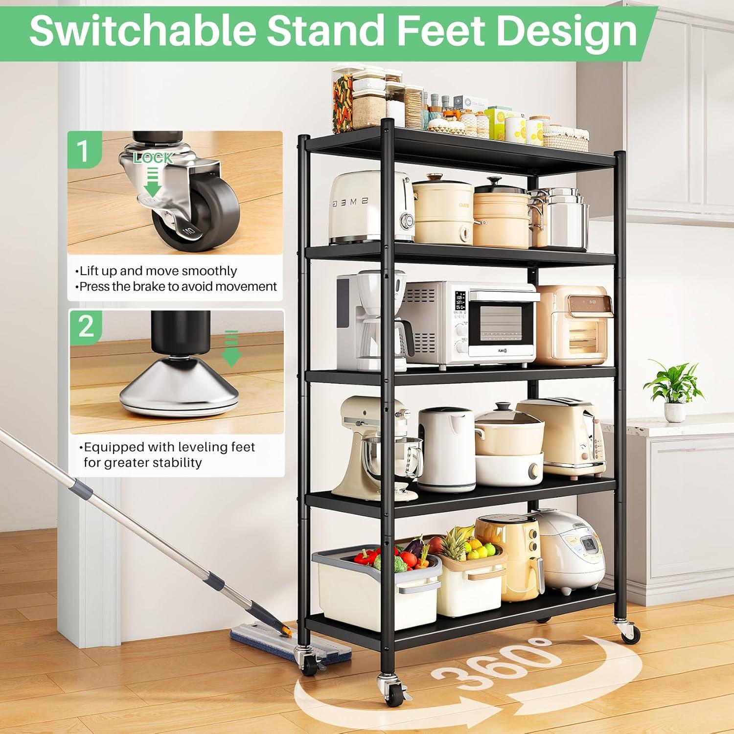 Metal Shelving for Storage, 5 Tier Adjustable Kitchen Storage Shelves with Wheels, Shelving Unit Bookshelf Utility Shelf Metal Storage Rack for Garage Pantry Closet Laundry, 35.8"x13"x59.65"