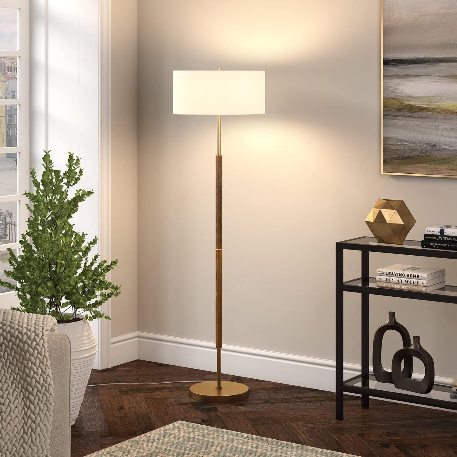 Evelyn&Zoe Contemporary Rustic Oak and Brass 2-Bulb Floor Lamp