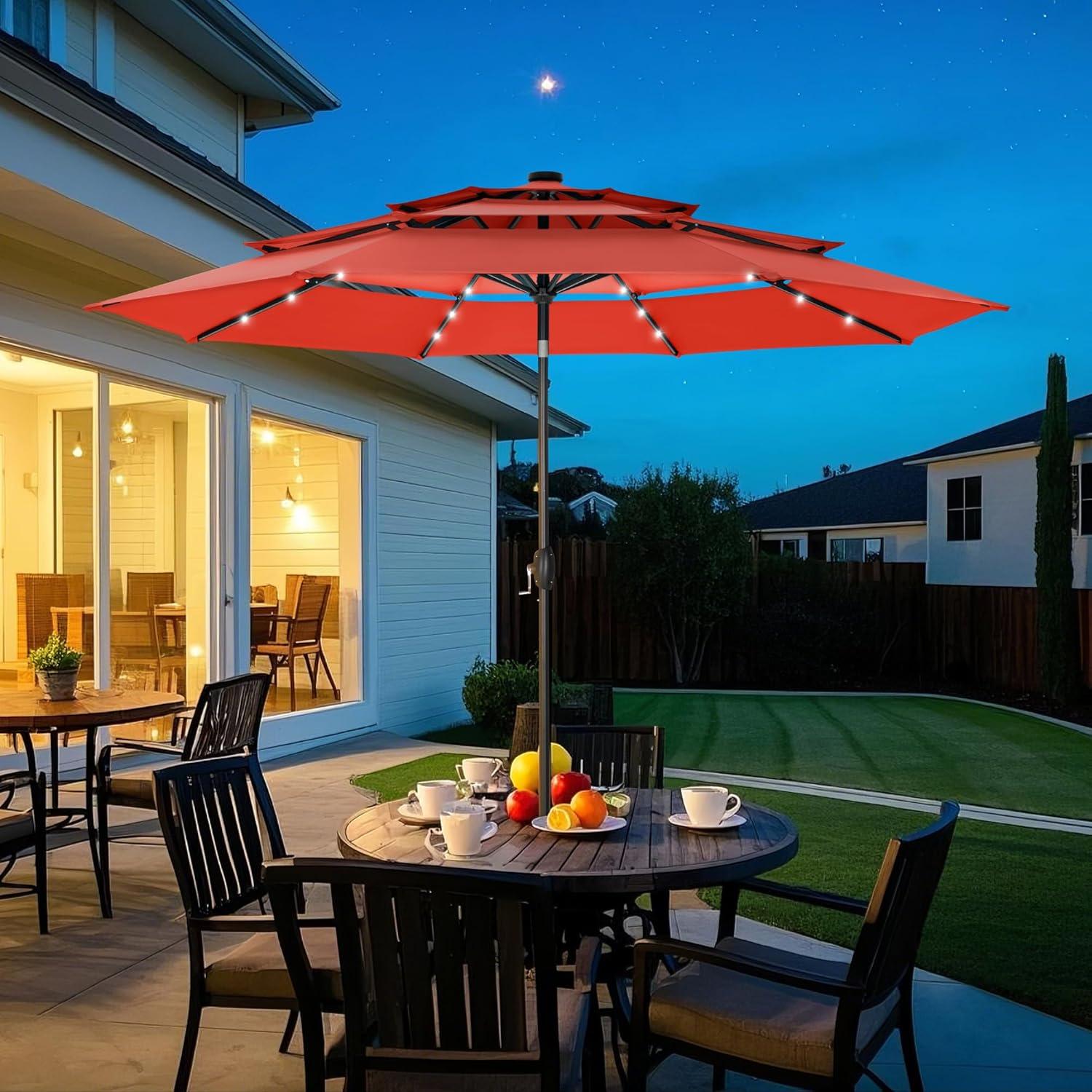 10ft Orange Red Polyester 3-Tier Vented Patio Umbrella with Auto-Tilt