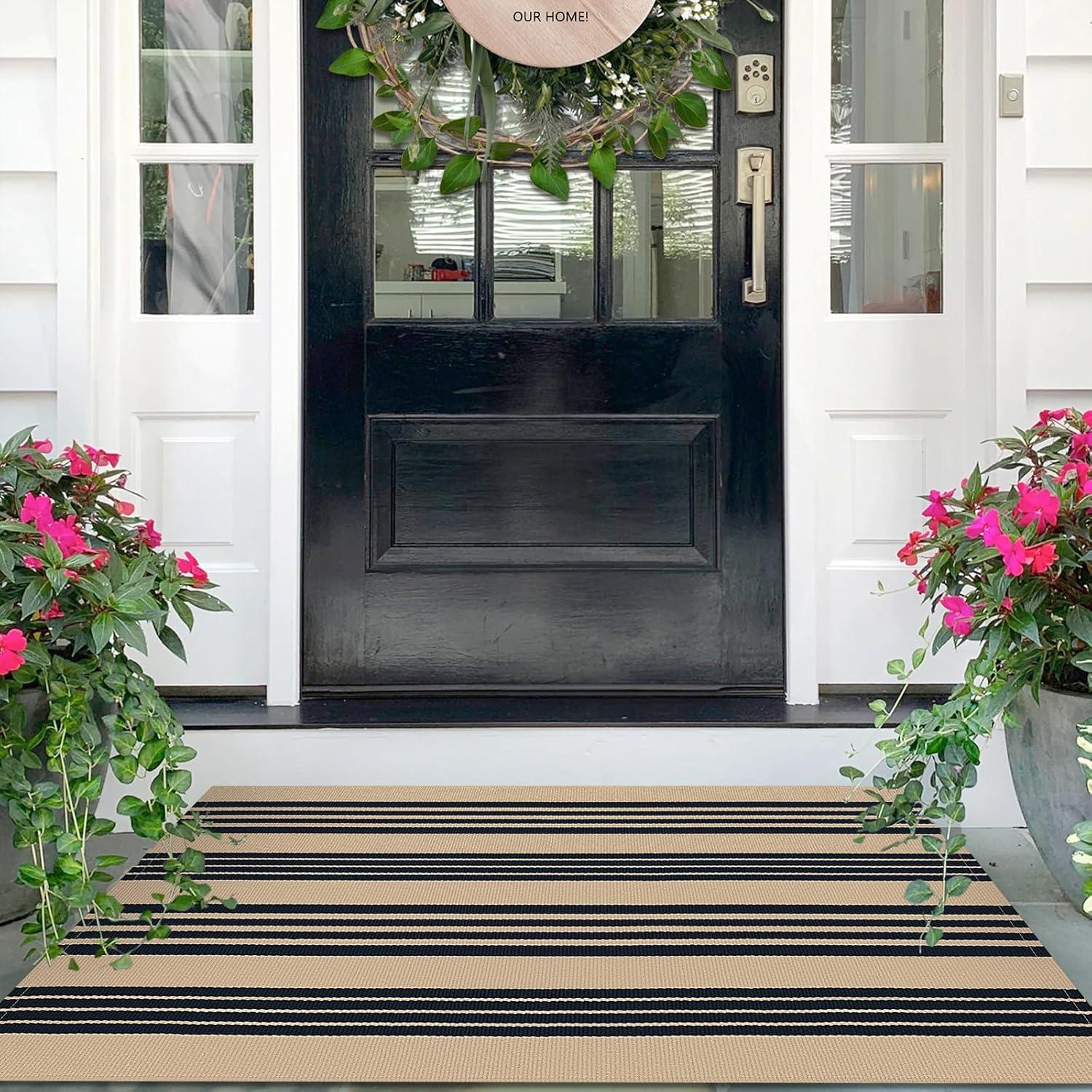 IOHOUZE Navy and White Striped Rug 2'x3' Front Door Rugs, Small Washable Area Rug for Front Porch, Spring Summer Doormats Outdoor Indoor, Cotton Rugs for Entryway Porch Entrance