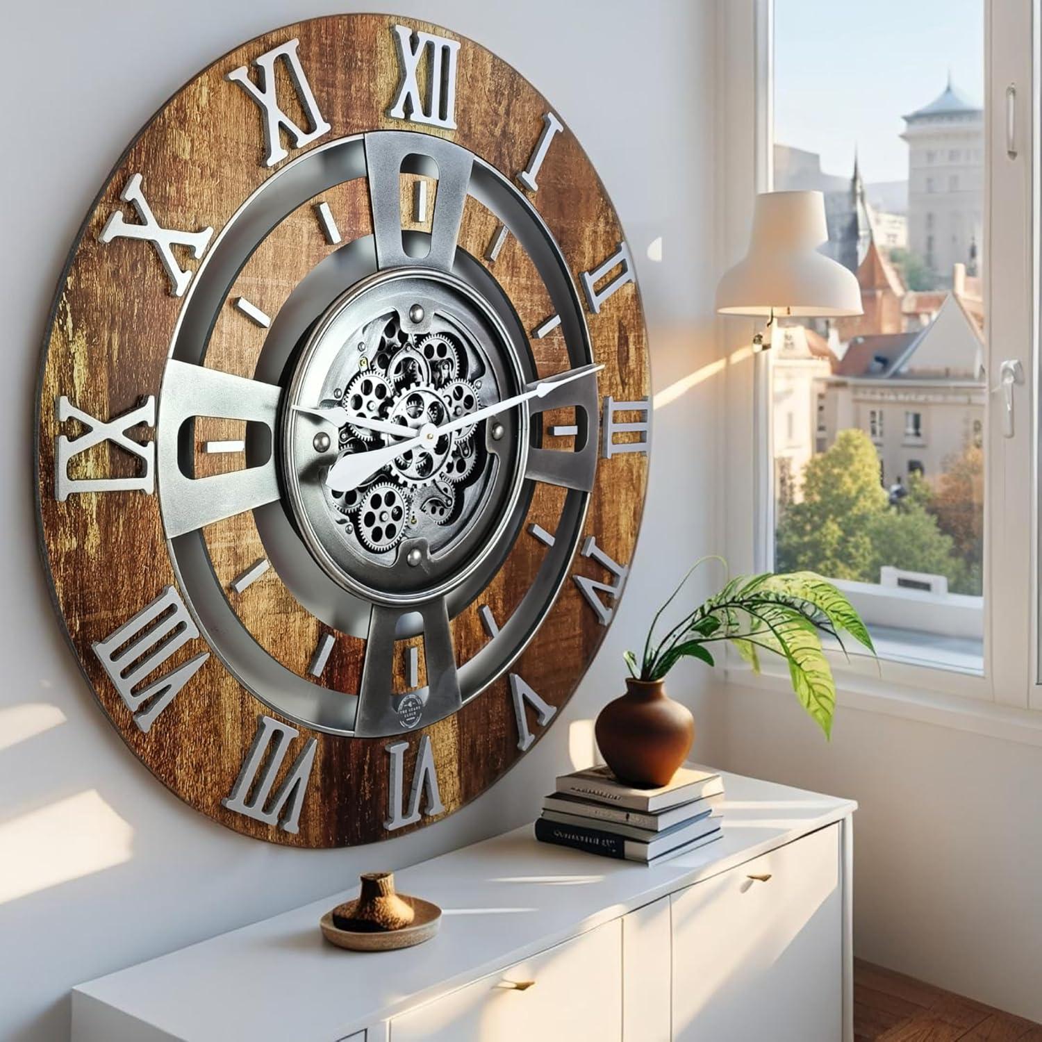 The Gears Clock Wall Clock 36" Oversized for Living Room decor with Real Moving Gears England Collection
