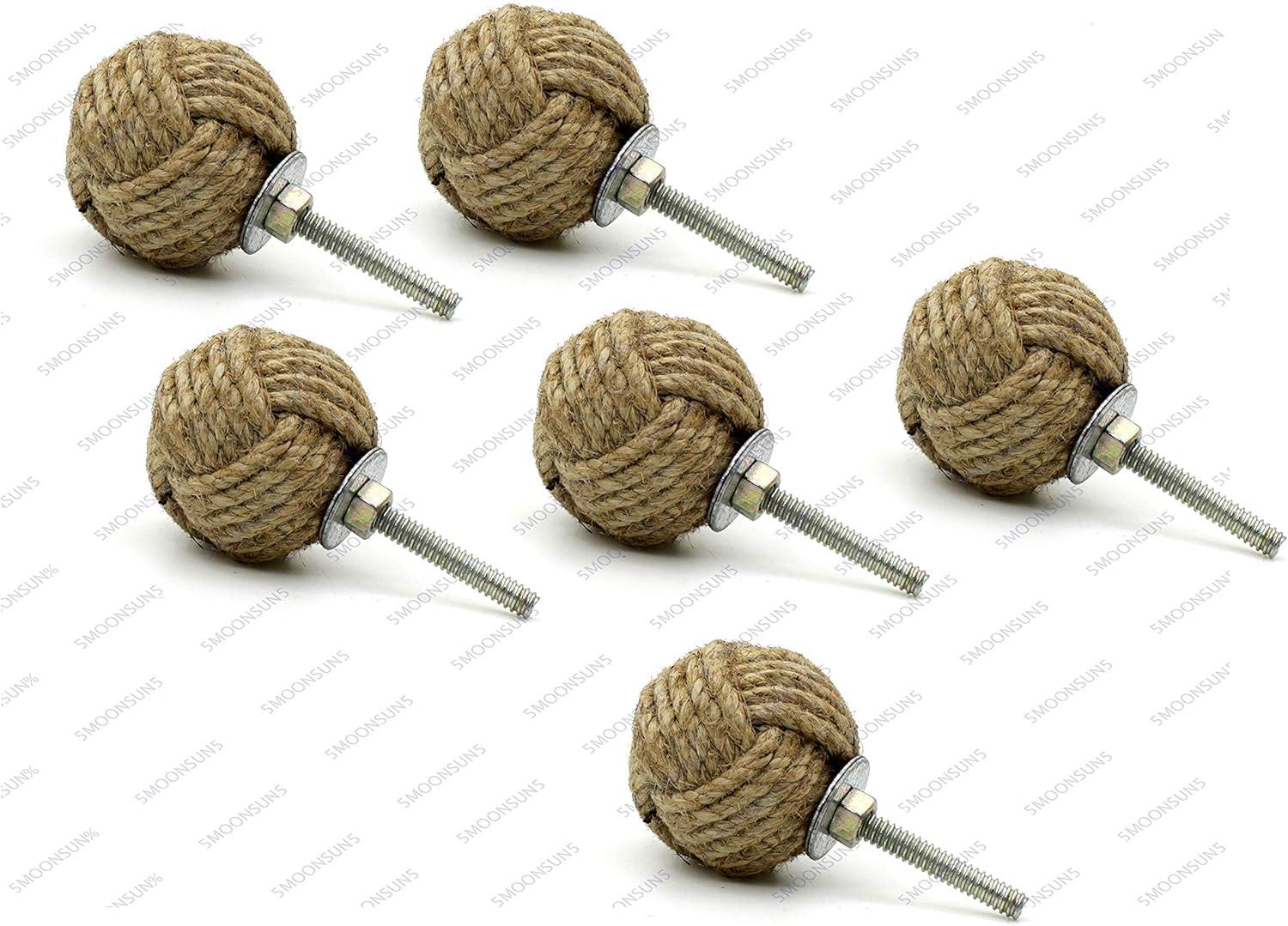 5MoonSun5's Jute Knobs Rope Knot Drawer Pulls and Knobs Pull and Push Handle Knobs for Cabinets, Wardrobes & Kitchen Cupboards Nautical knob Hardware Vintage Decor, 35 mm (Pack of 4)