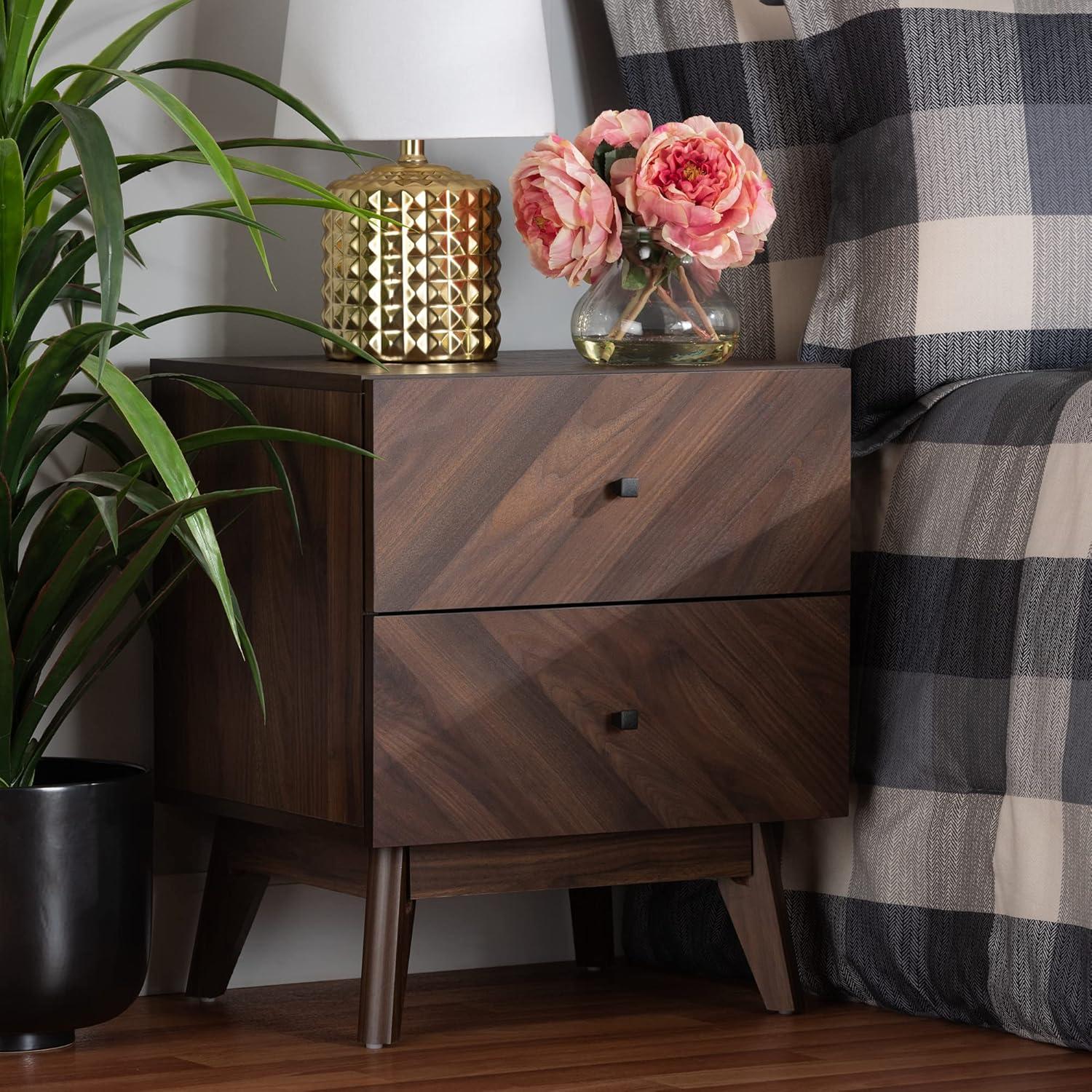 Walnut Brown Mid-Century Modern 2-Drawer Nightstand