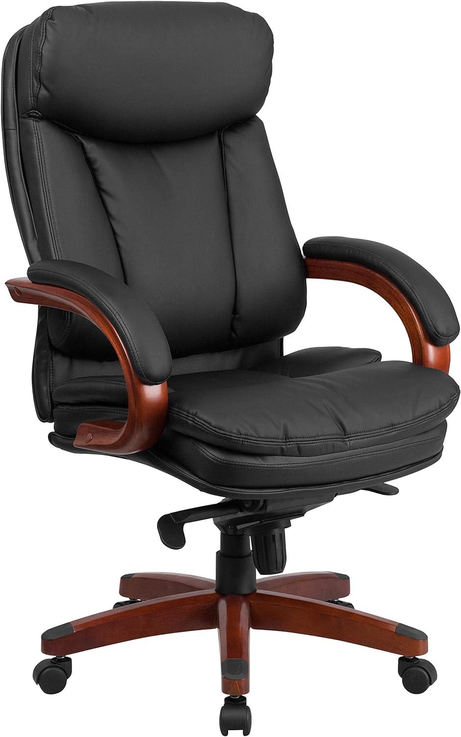 High Back Black Leather Executive Swivel Office Chair with Mahogany Wood Base