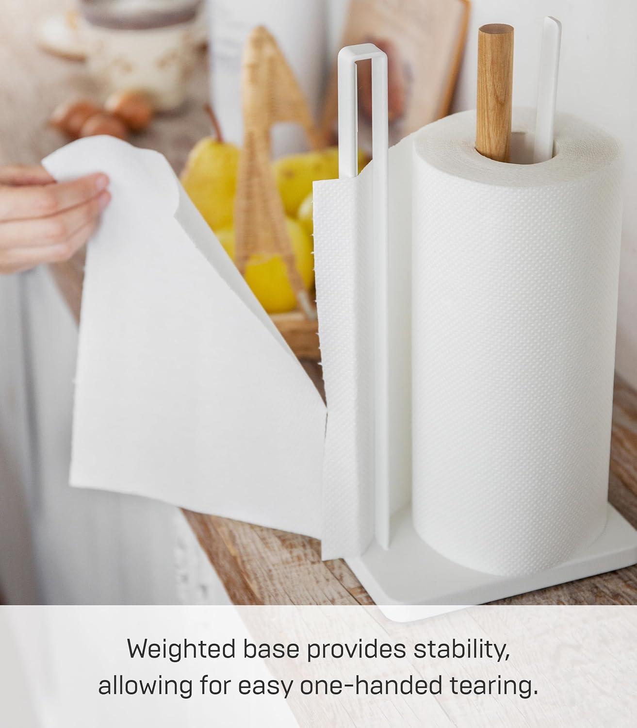 Yamazaki Home One-Handed Tear Paper Towel Holder - Kitchen Storage Rack, Steel + Wood