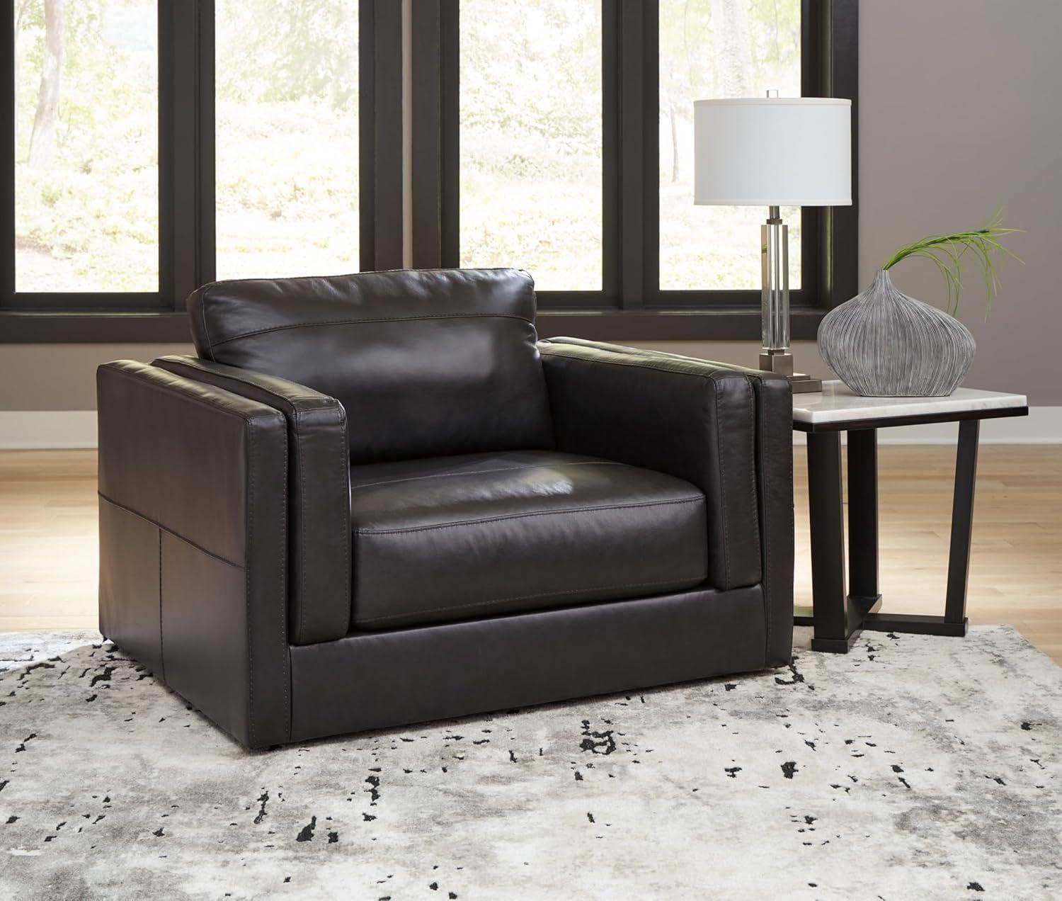 Black Leather Contemporary Oversized Chair with Double-Padded Arms