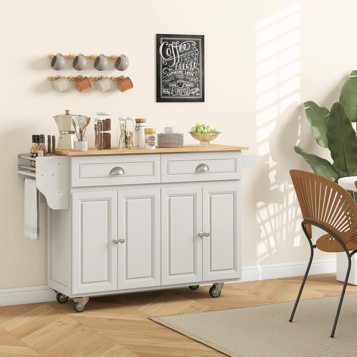 Cream White Wood Drop Leaf Kitchen Cart with Storage and Spice Rack