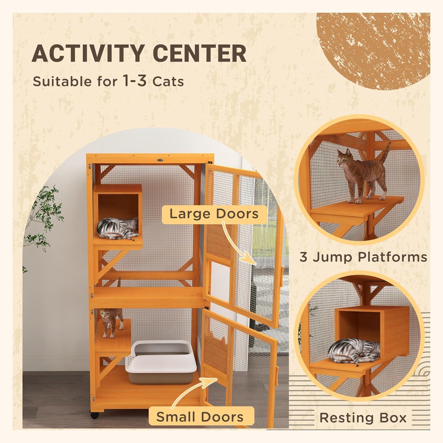 PawHut Catio Outdoor, Large Cat Enclosure, Wooden Kitten House, Elevated Design, with Wheels, Water-Resistant, Multi Platforms, for 1-3 Cats, Orange