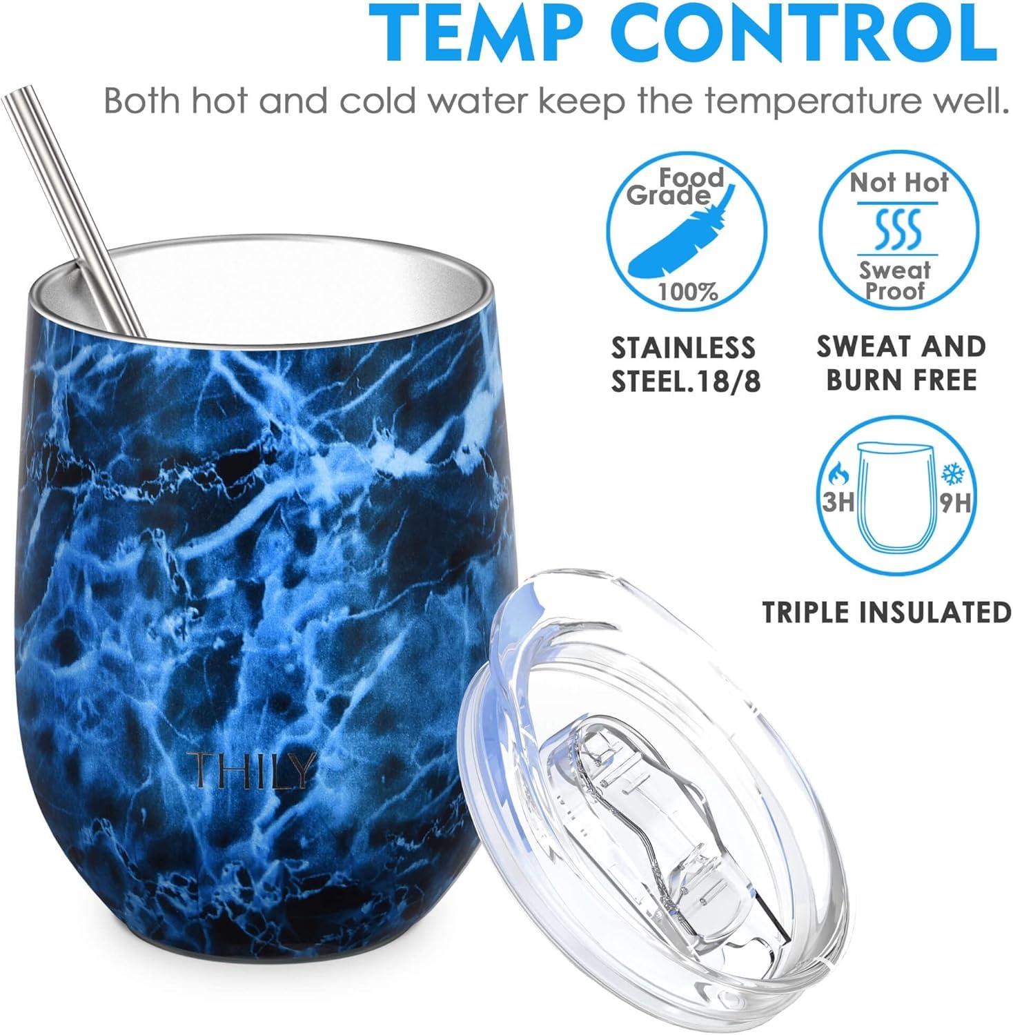 Wine Tumbler Vacuum Insulated Stemless - THILY 12 oz Triple-Insulated Stainless Steel Wine Glass with Lid and Straw, Cute Travel Cup Keep Cold or Hot for Coffee, Cocktails, Wood Grain