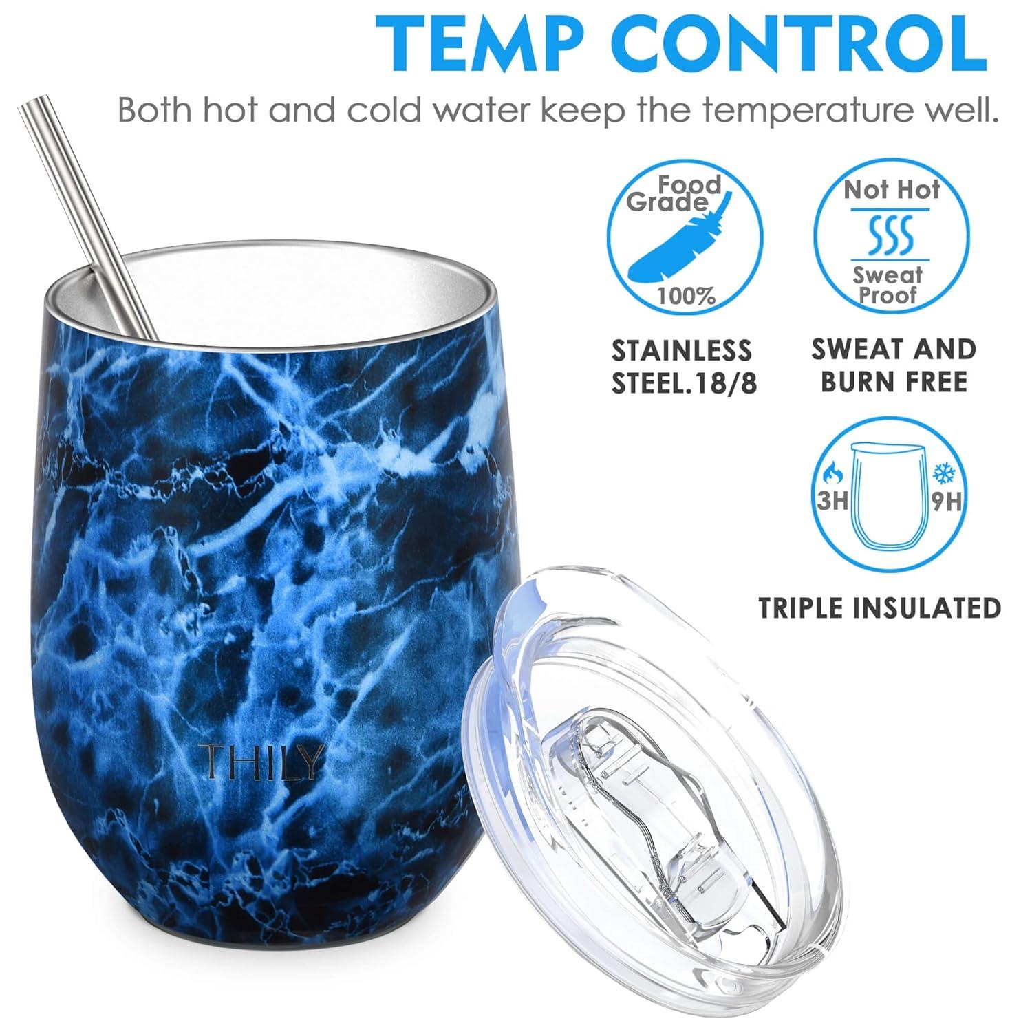 Wine Tumbler Vacuum Insulated Stemless - THILY 12 oz Triple-Insulated Stainless Steel Wine Glass with Lid and Straw, Cute Travel Cup Keep Cold or Hot for Coffee, Cocktails, Wood Grain