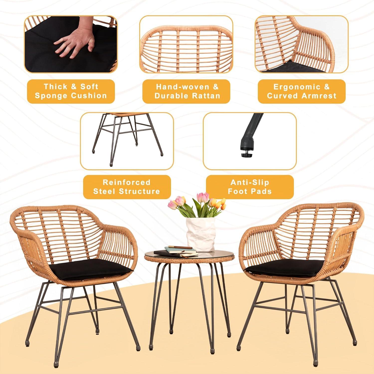 3 Piece Outdoor Wicker Furniture Patio Bistro Set, Balcony Furniture Rattan Conversation Sets, Outdoor Patio Chairs Set for Porch Poolside Garden, Black