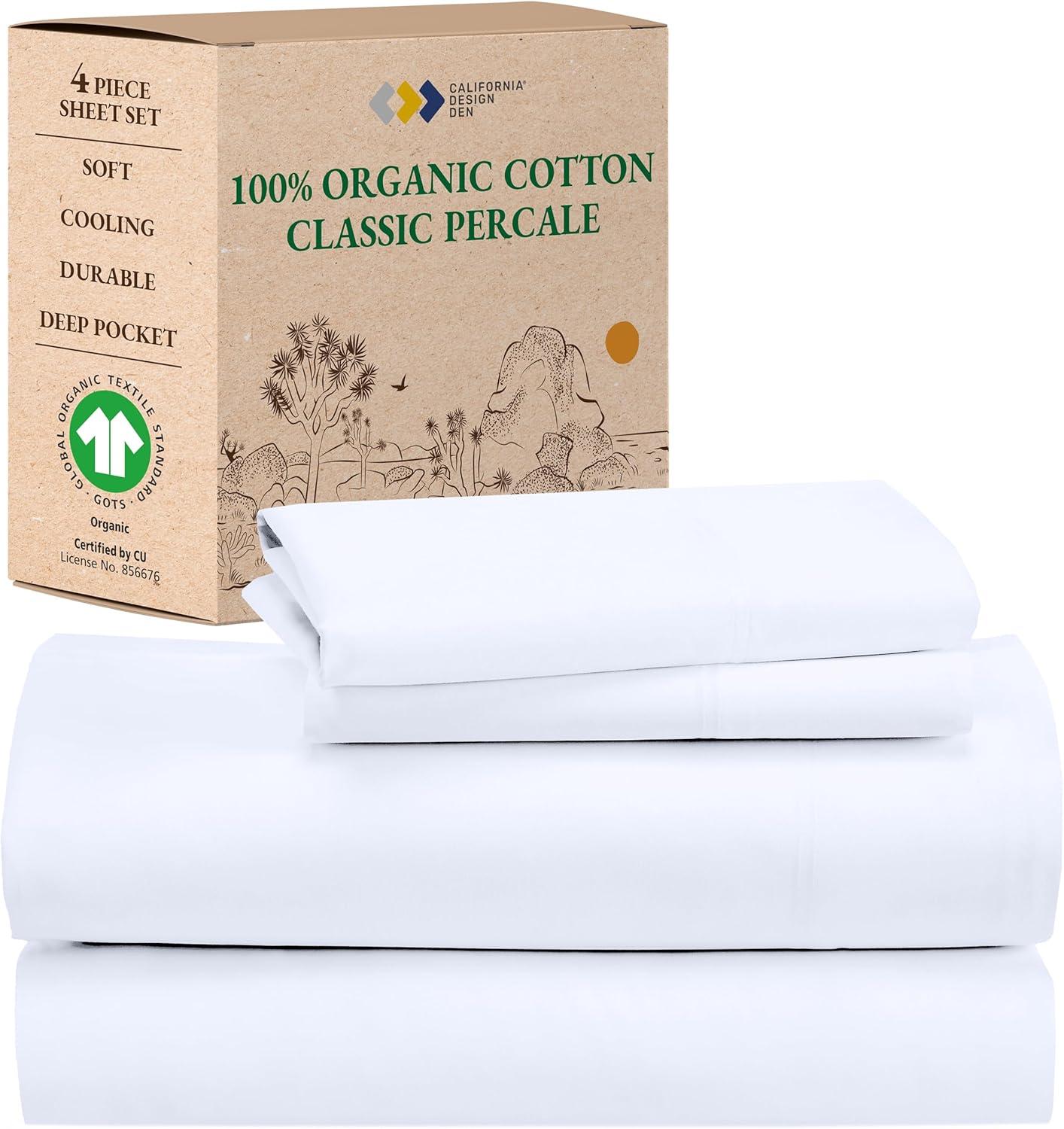 California Design Den  Bed Sheets Set - 100% Organic Cotton Percale, Deep Pocket, GOTS Certified