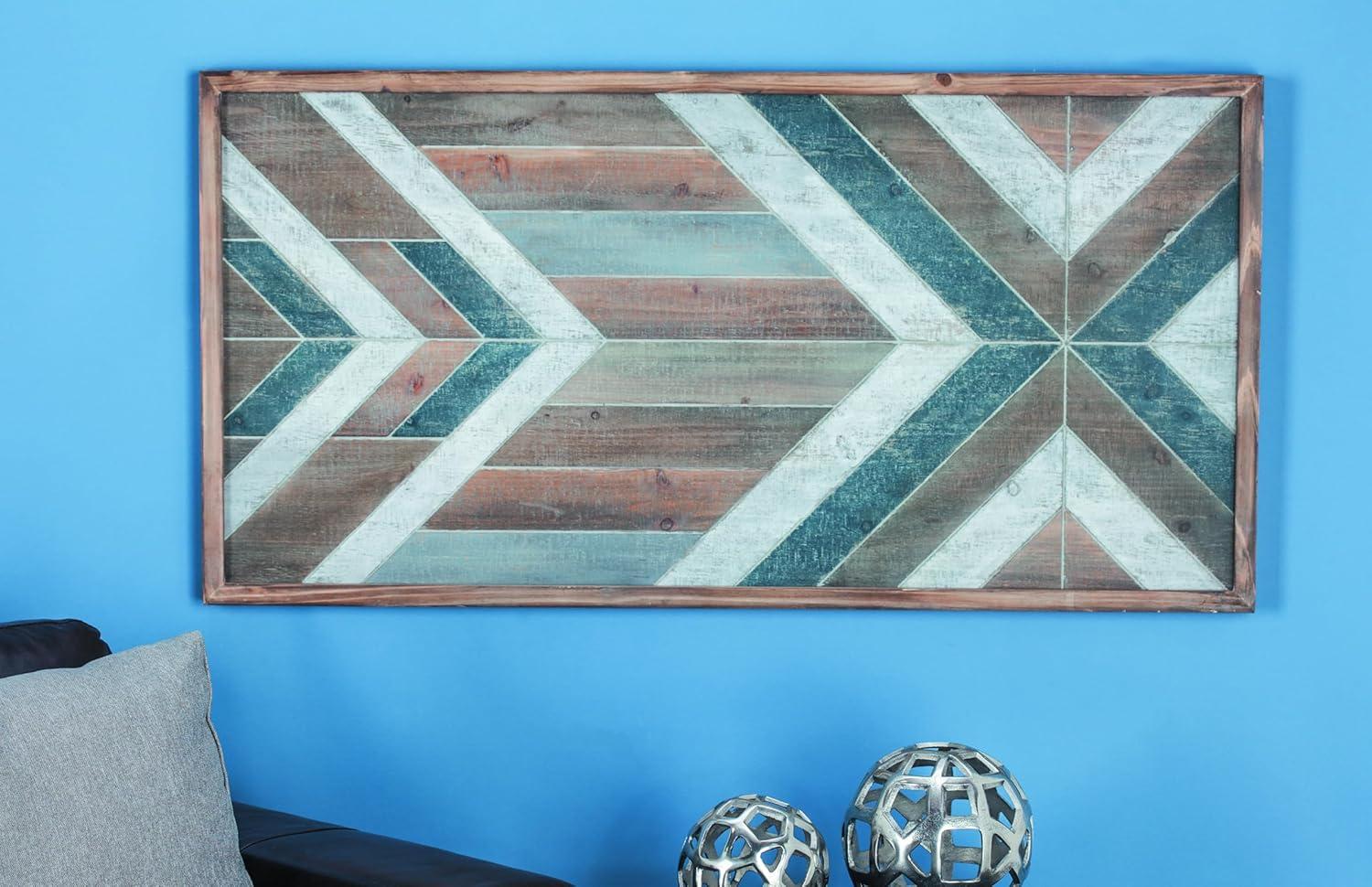 DecMode Farmhouse Distressed Rectangular Wood Wall Décor with Multi Colored Geometric Pattern, 46"W x 23"H