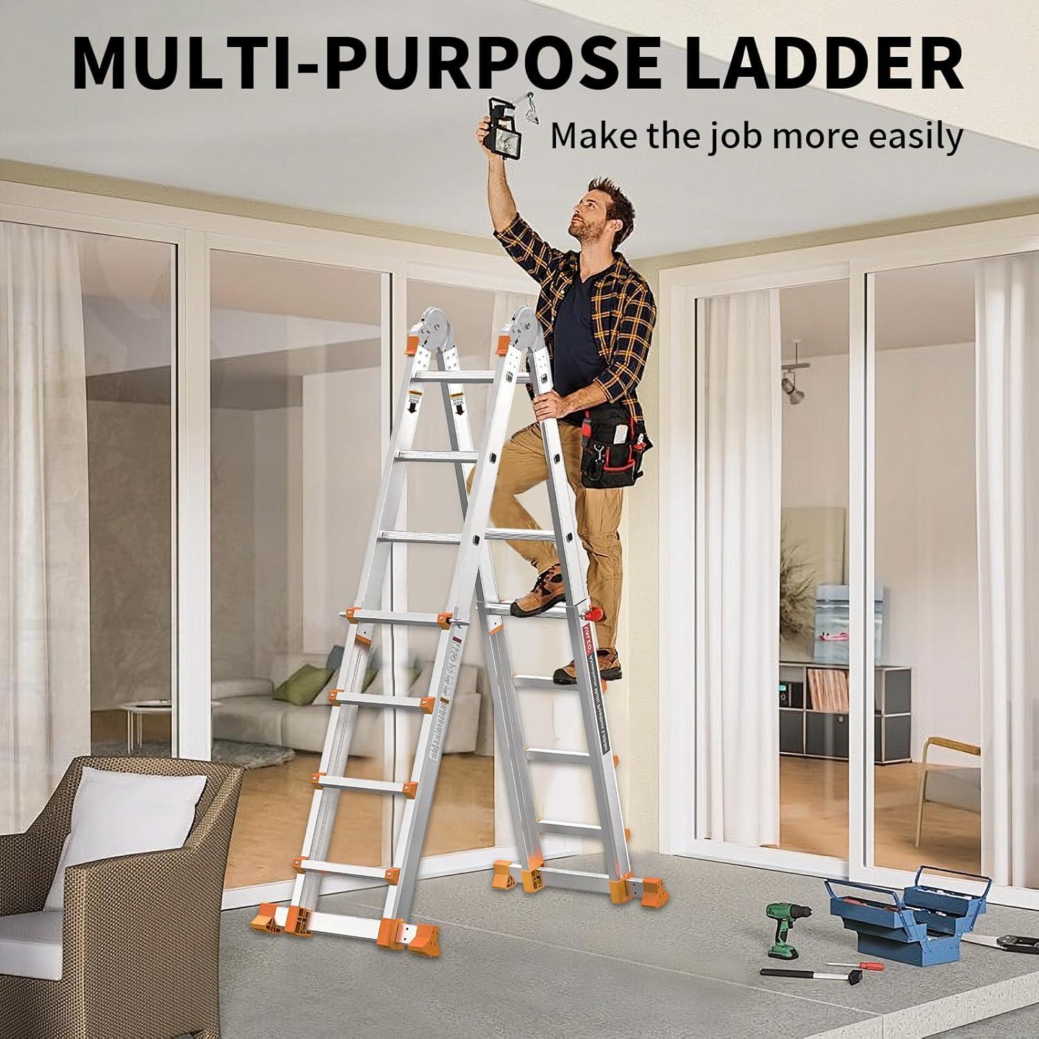 Valeo Ladder 11FT, Multi Position 3 Step Ladder Extension, Anti-Slip A Frame Folding Ladder with Removable Tool Tray, 330lbs Adjustable Telescopic Aluminum Ladders for Stairs Home Indoor Outdoor Roof