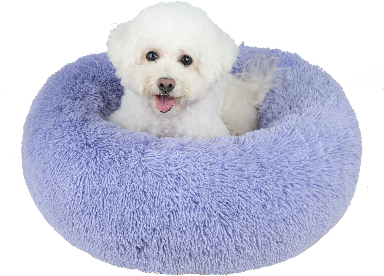 Donut Dog Bed with Faux Fur, Anti-Anxiety Cushion, Slip-Resistant