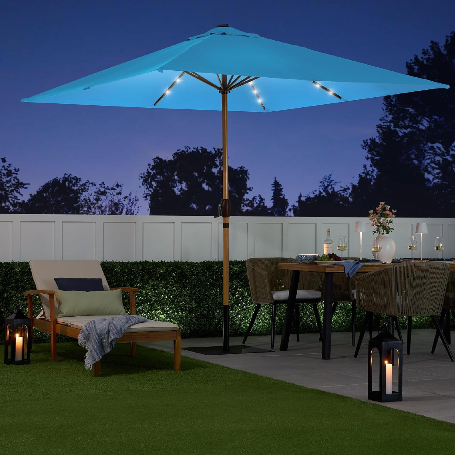 9ft Sky Blue Solar LED Lighted Patio Umbrella with Faux Wood Texture