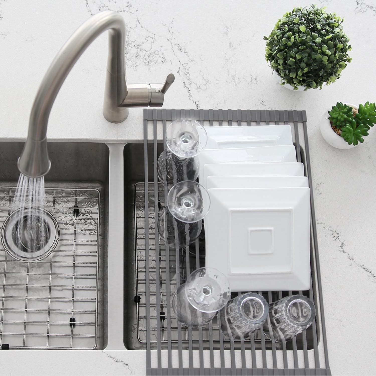 STYLISH Over The Sink Roll Up Dish Drying Rack Heat Resistant Trivet for Drying Dishes and Rinsing Vegetables Dark Grey A-900DG