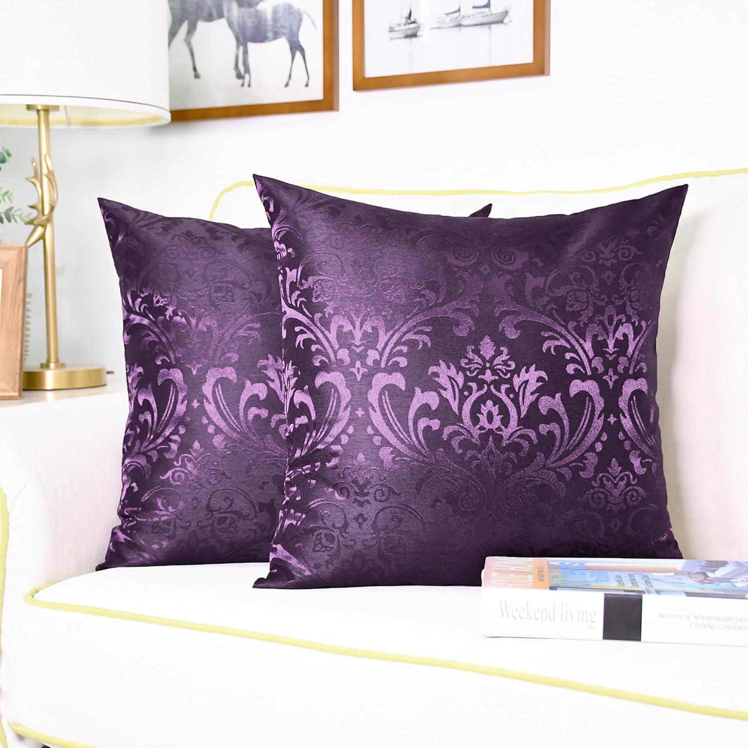 CaliTime Pack of 2 Throw Pillow Covers Cases for Couch Sofa Home Decoration Vintage Damask Floral Shining & Dull Contrast 16 X 16 Inches Deep Purple
