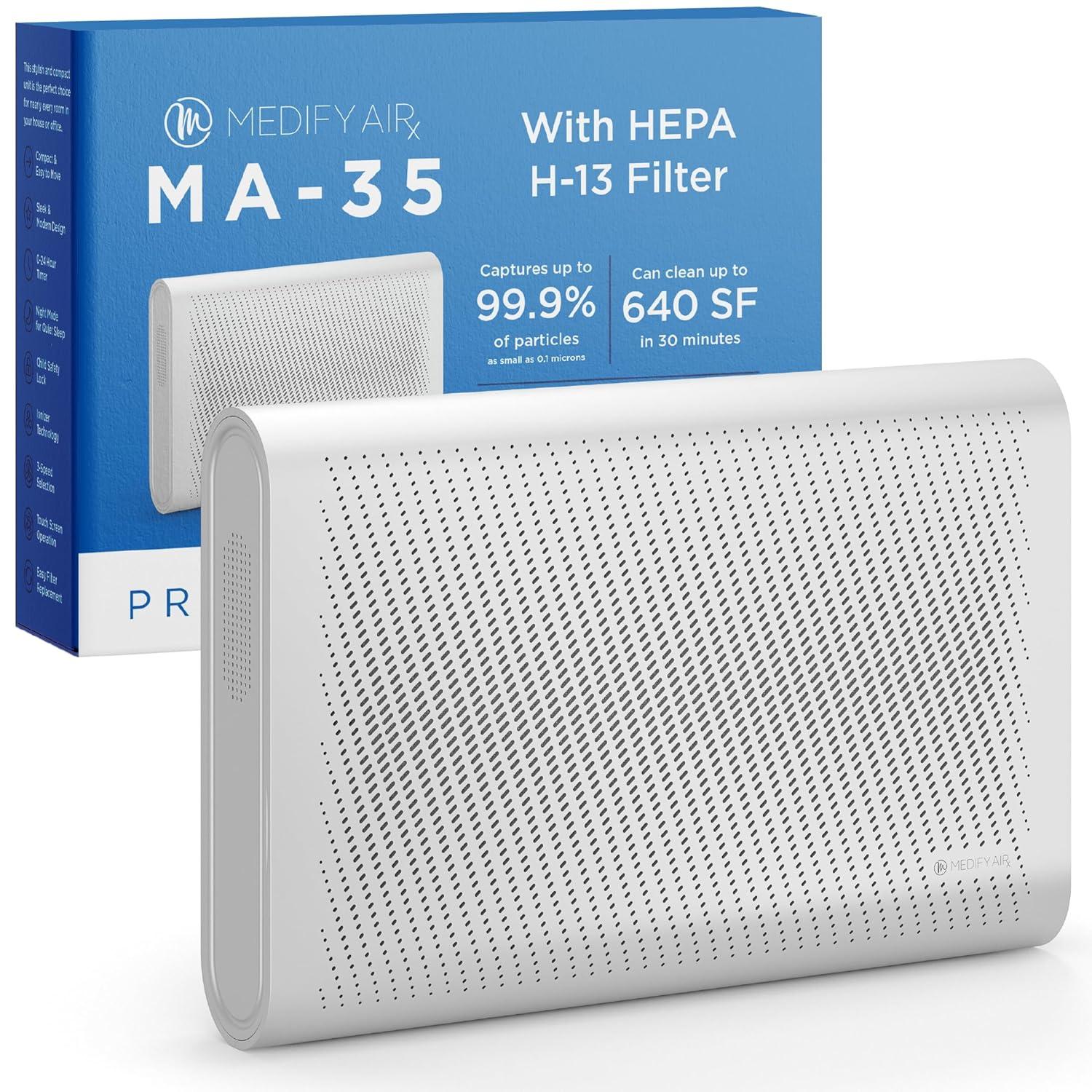 Medify MA-35 Air Purifier with True HEPA H13 Filter | 1,280 ft² Coverage in 1hr for Allergens, Smoke, Wildfires, Odors, Pollen, Pet Dander | Removal to 0.1 Microns | Silver, 1-Pack